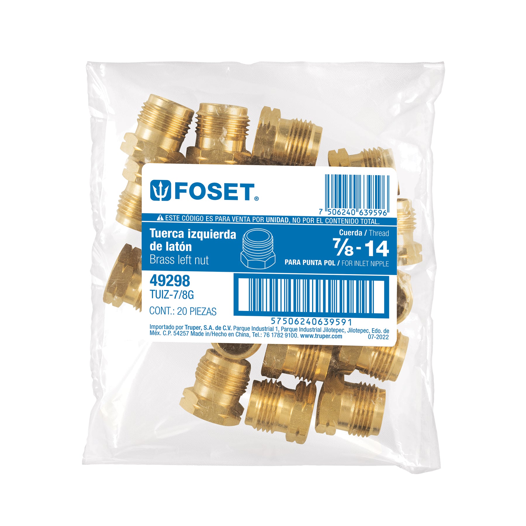 Tuerca izquierda de latón 7/8" a granel, FOSET