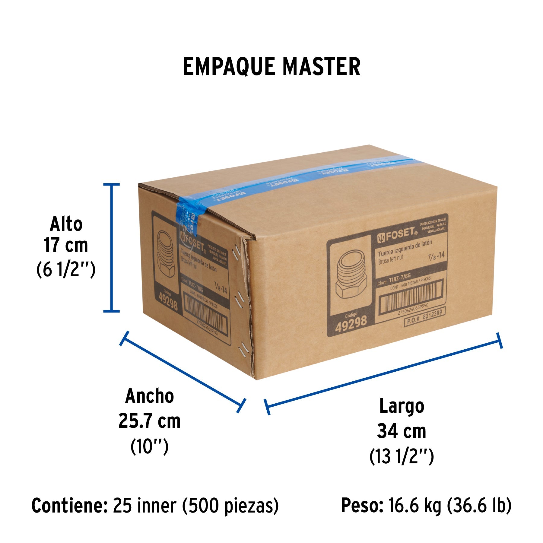 Tuerca izquierda de latón 7/8" a granel, FOSET - Empaque
