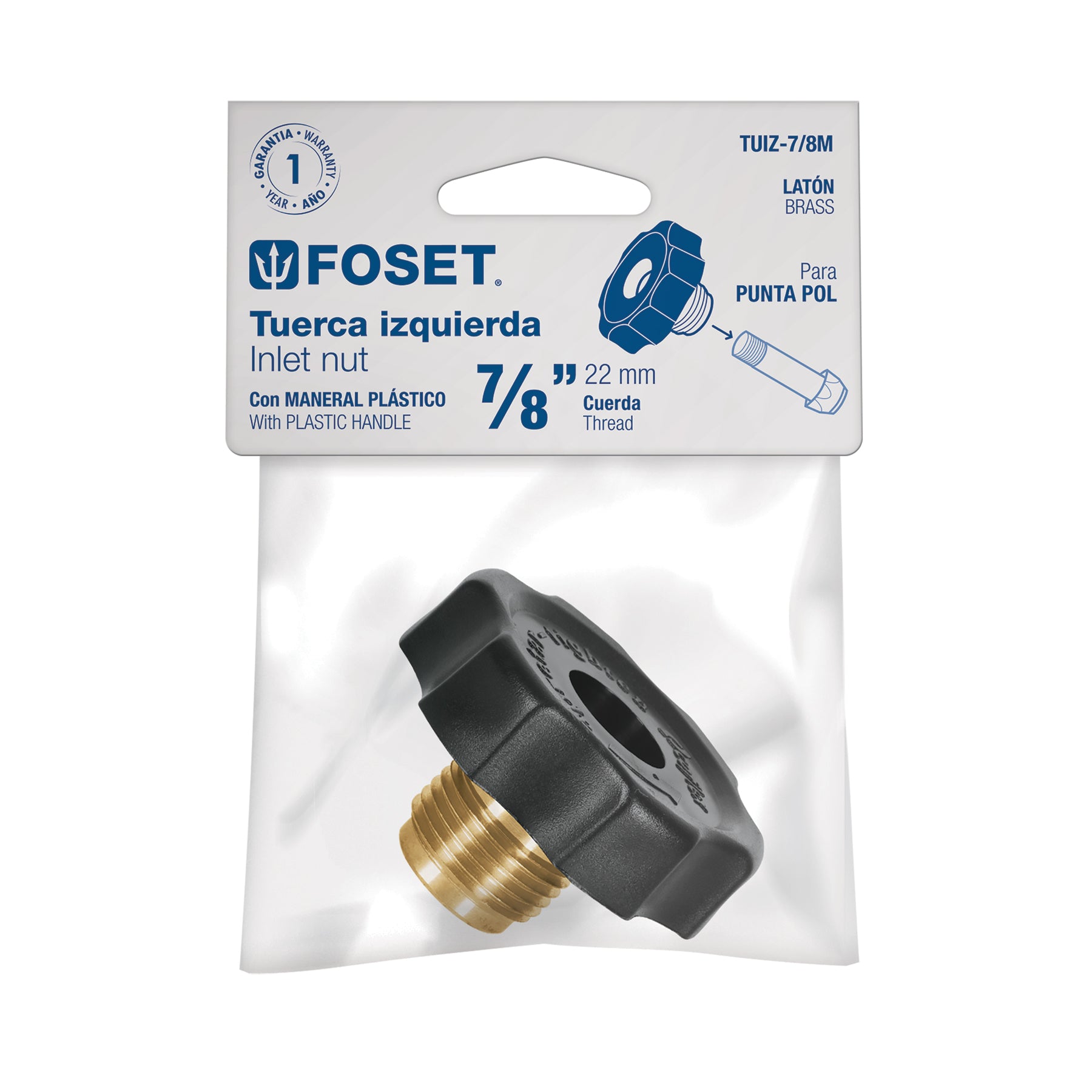 Tuerca izquierda de latón 7/8" con maneral plástico, FOSET