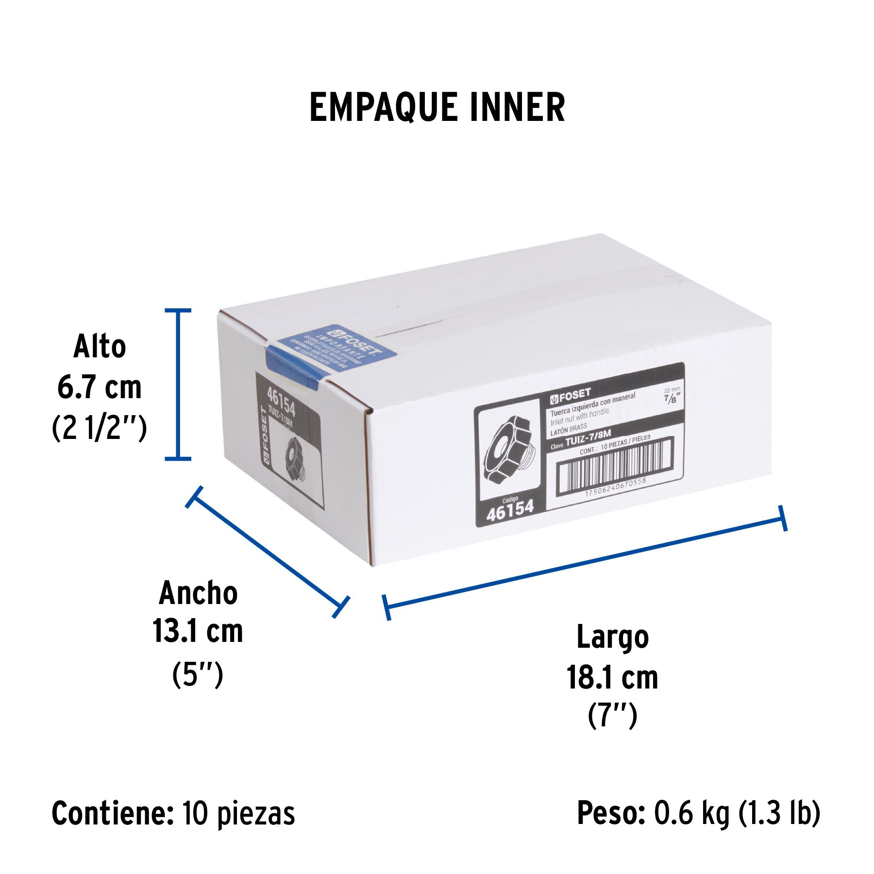 Tuerca izquierda de latón 7/8" con maneral plástico, FOSET - Empaque