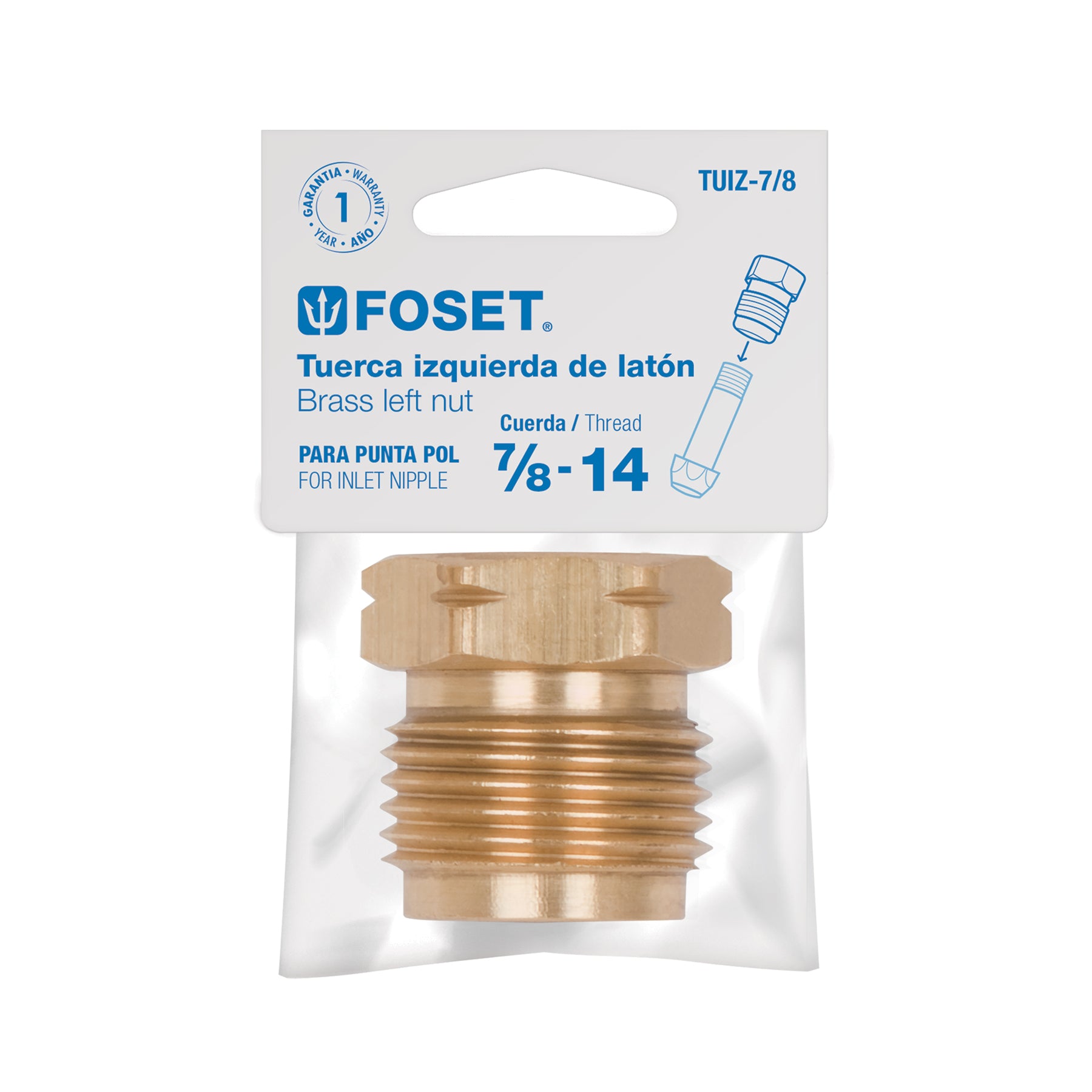 Tuerca izquierda de latón 7/8" en bolsa, FOSET