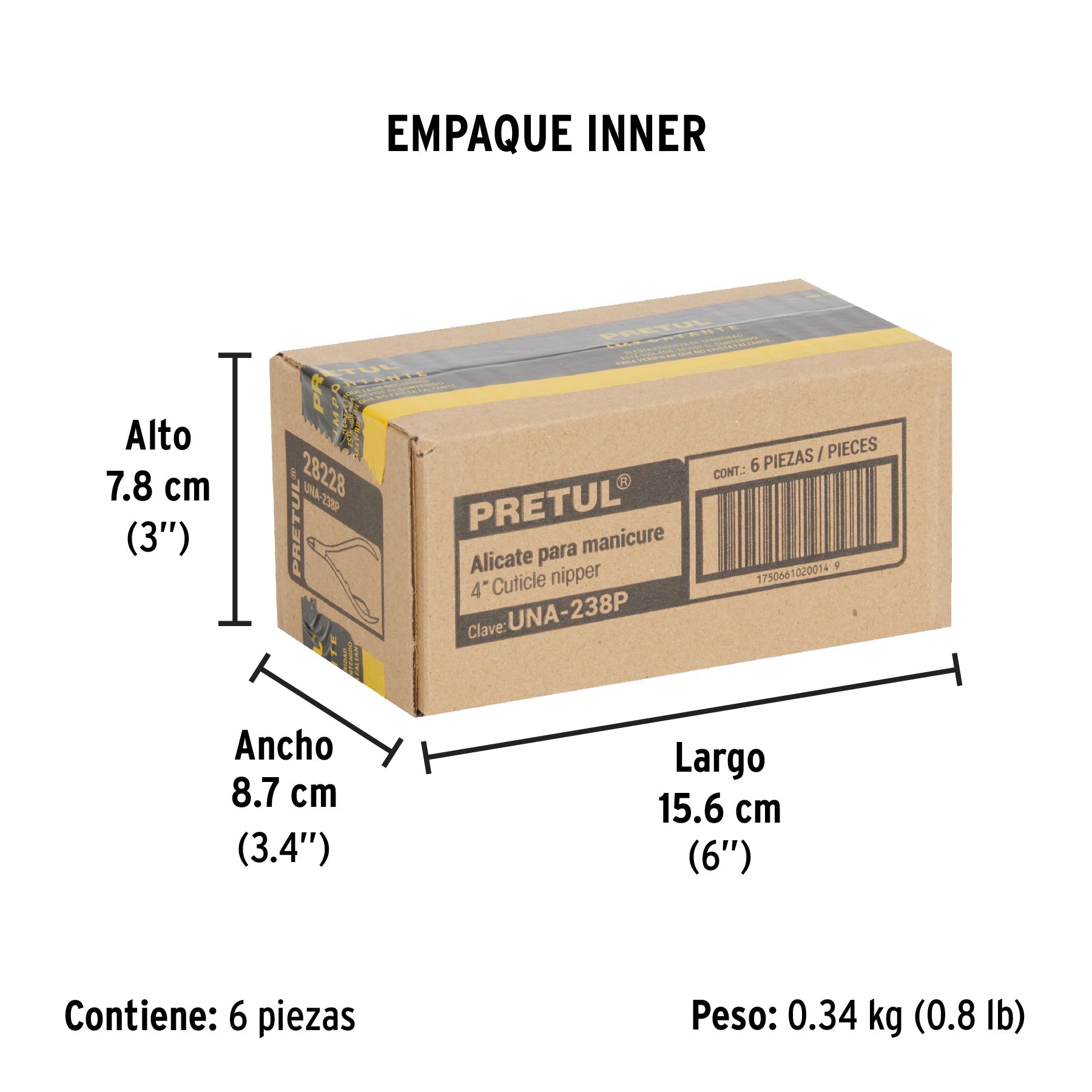 Alicate para manicure 4", cabeza recta, punta corta, PRETUL - Empaque