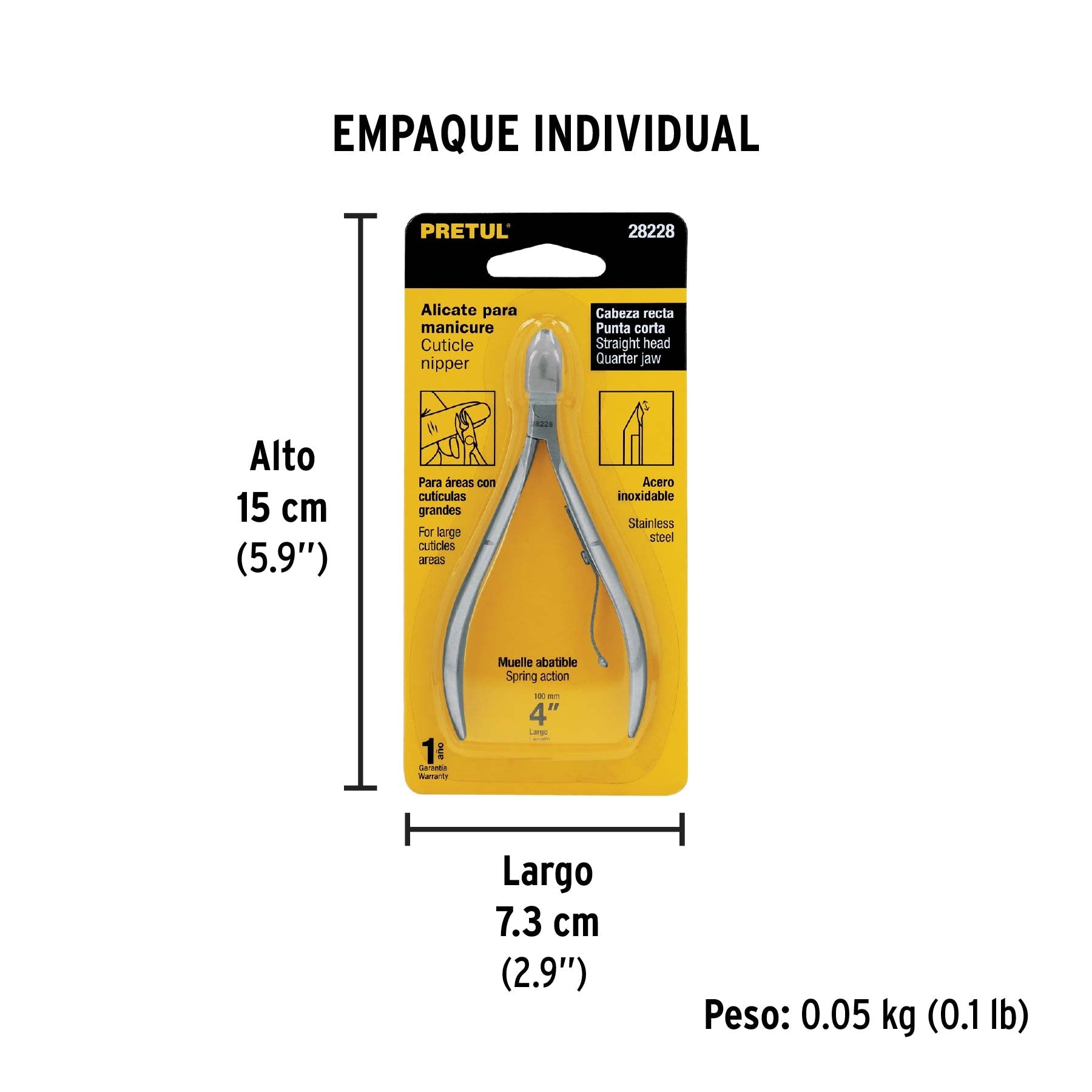 Alicate para manicure 4", cabeza recta, punta corta, PRETUL - Empaque
