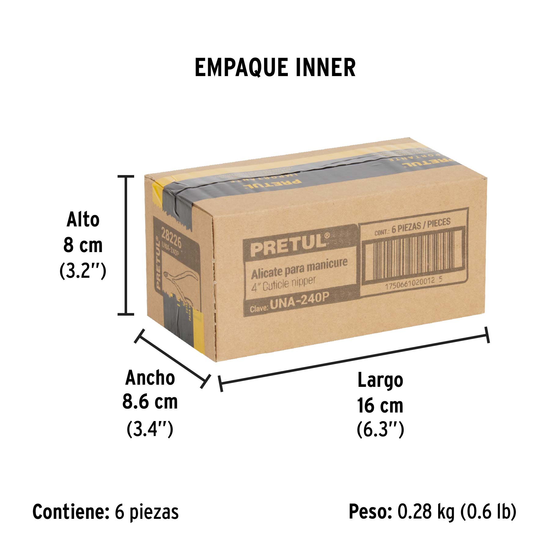 Alicate para manicure 4", cabeza recta, punta larga, PRETUL - Empaque