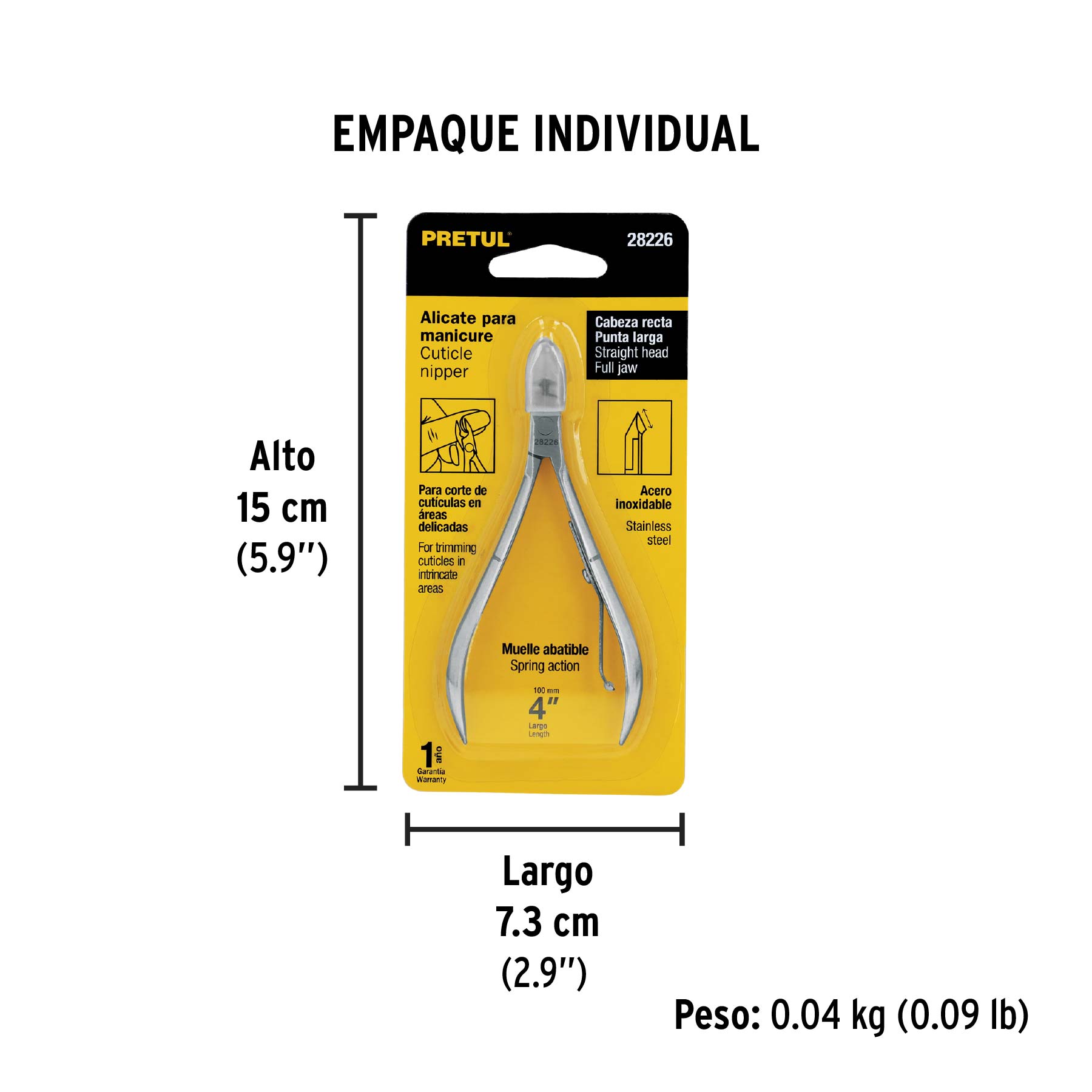 Alicate para manicure 4", cabeza recta, punta larga, PRETUL - Empaque