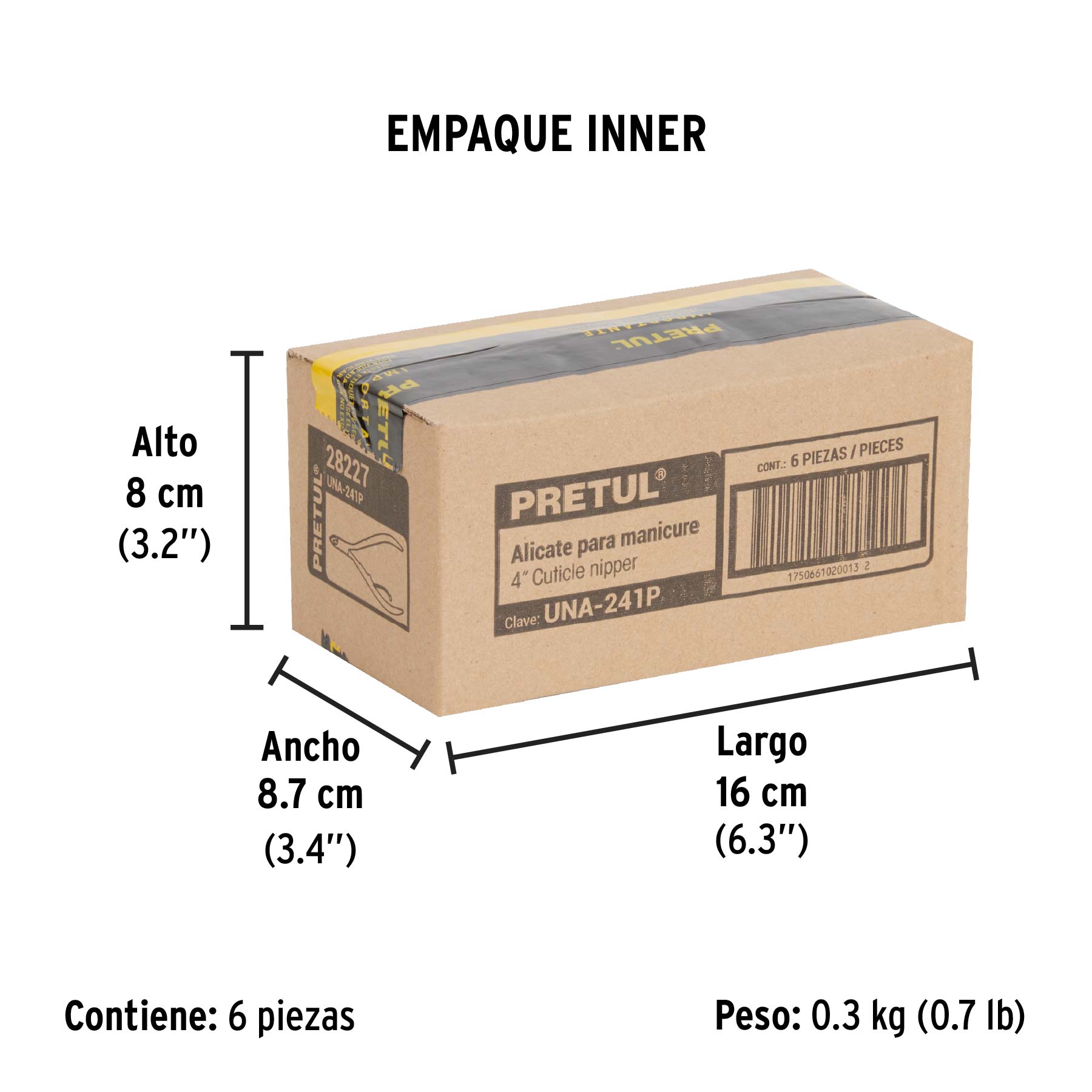Alicate para manicure 4" cabeza recta, punta mediana, PRETUL - Empaque