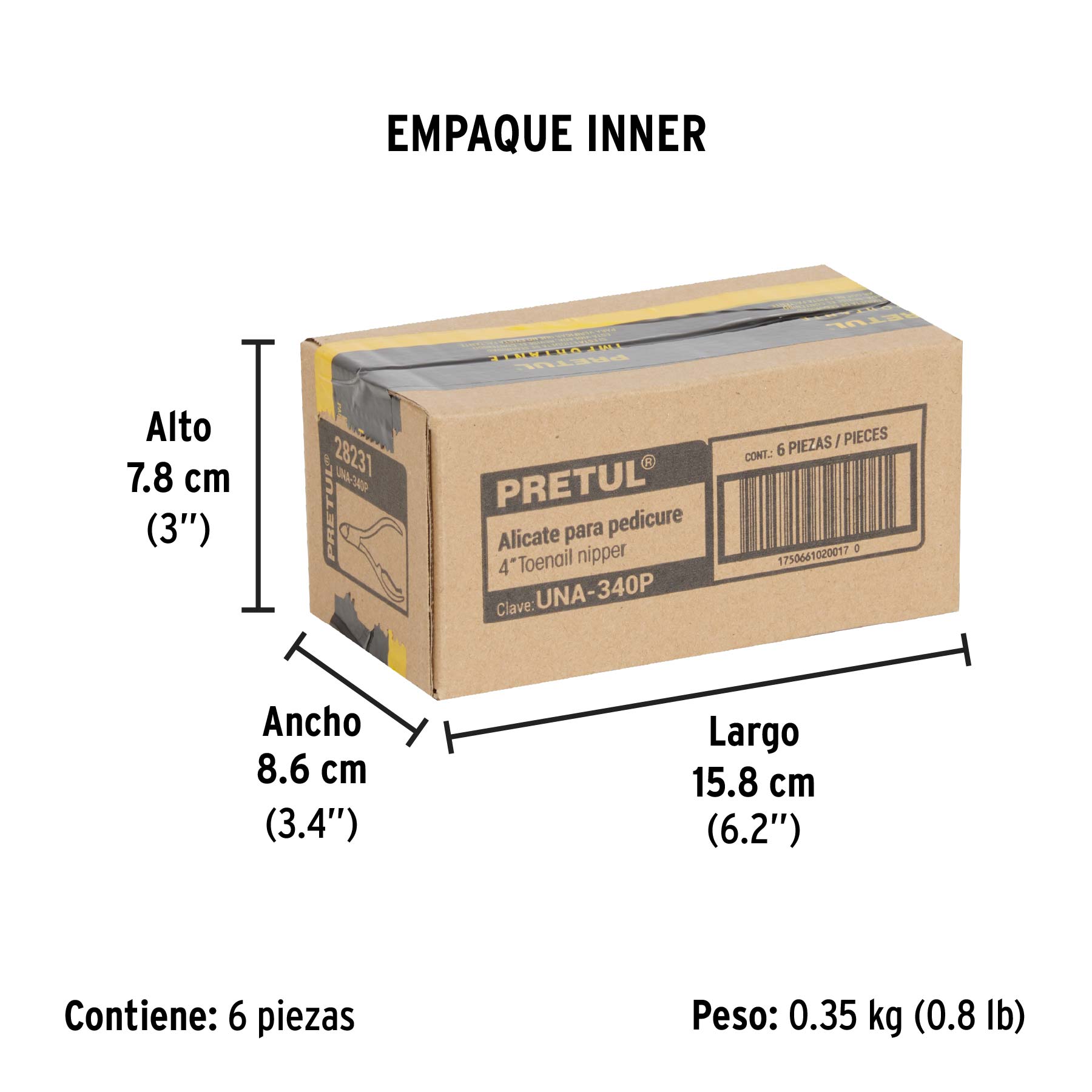 Alicate para pedicure 4", cabeza curva, punta fina, PRETUL - Empaque