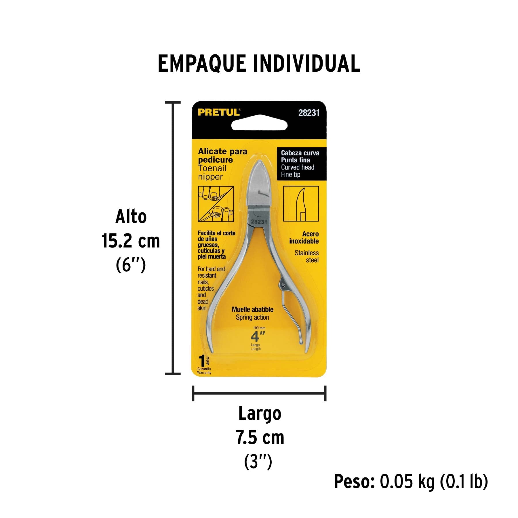 Alicate para pedicure 4", cabeza curva, punta fina, PRETUL - Empaque