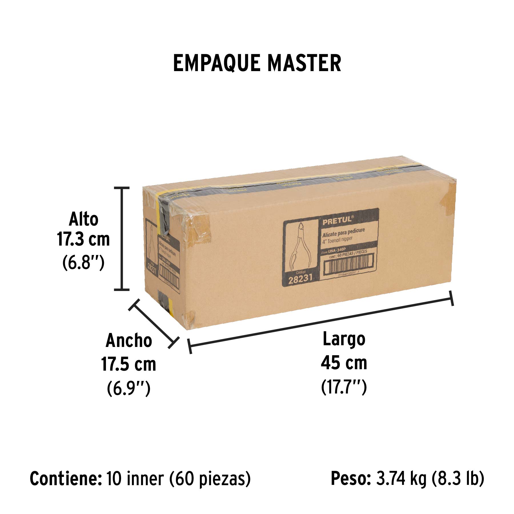 Alicate para pedicure 4", cabeza curva, punta fina, PRETUL - Empaque