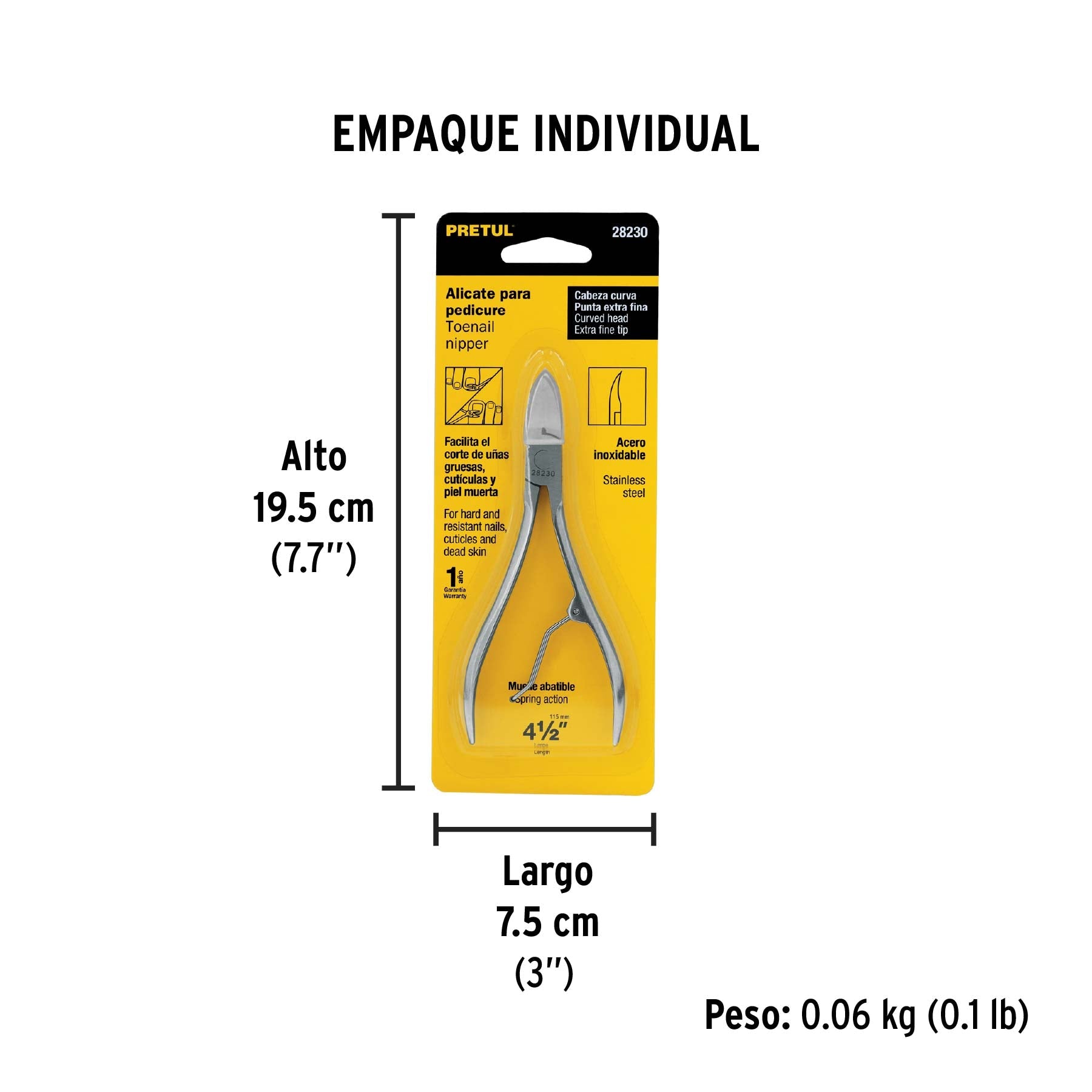 Alicate para pedicure 4-3/4", cabeza curva, extrafina,PRETUL - Empaque