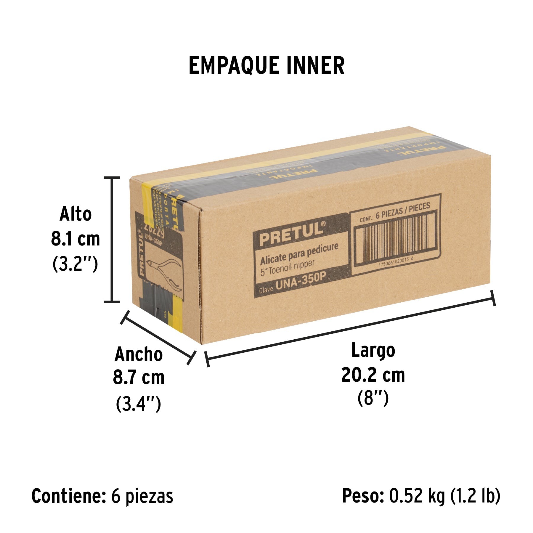 Alicate para pedicure 5" cabeza plana punta extrafina,PRETUL - Empaque
