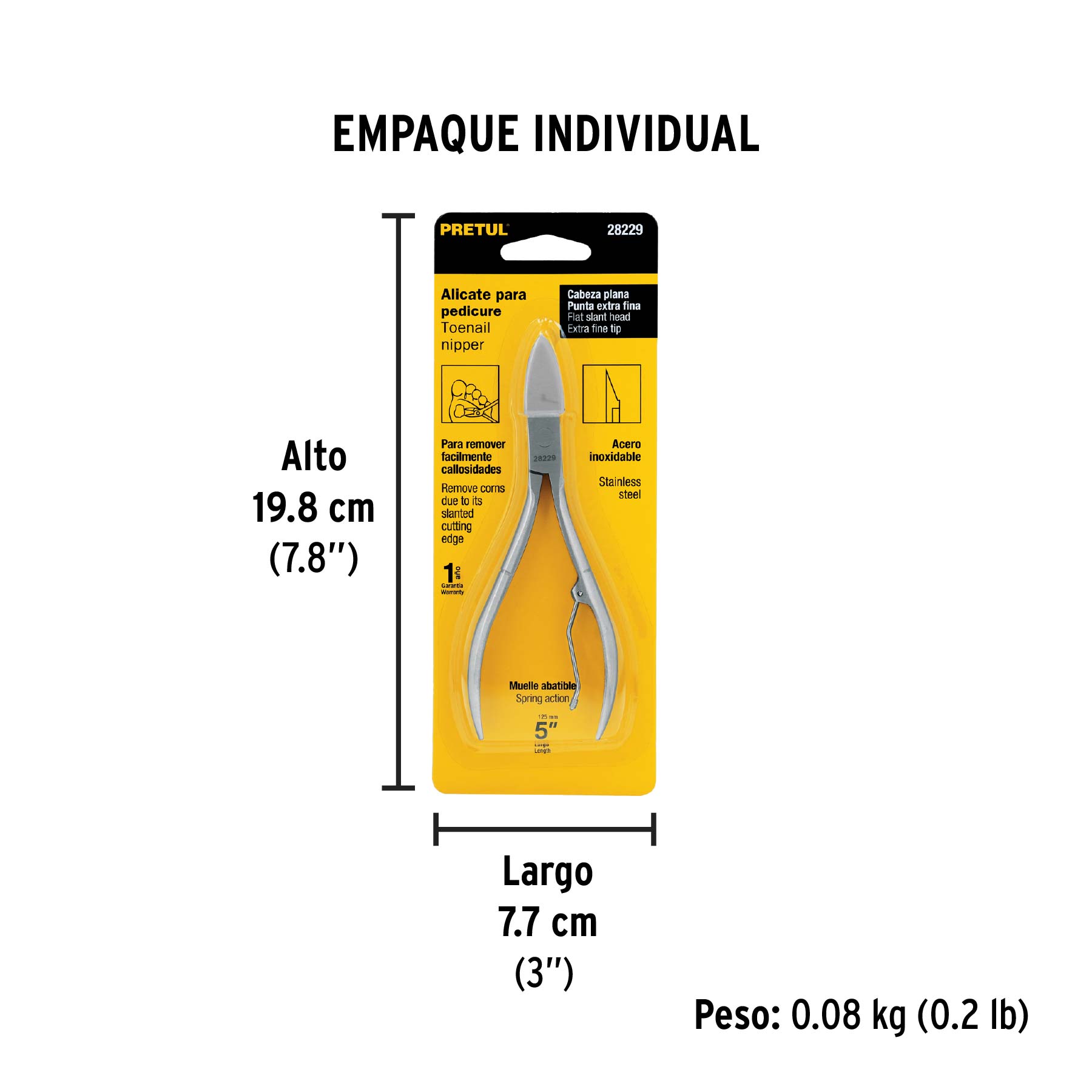 Alicate para pedicure 5" cabeza plana punta extrafina,PRETUL - Empaque