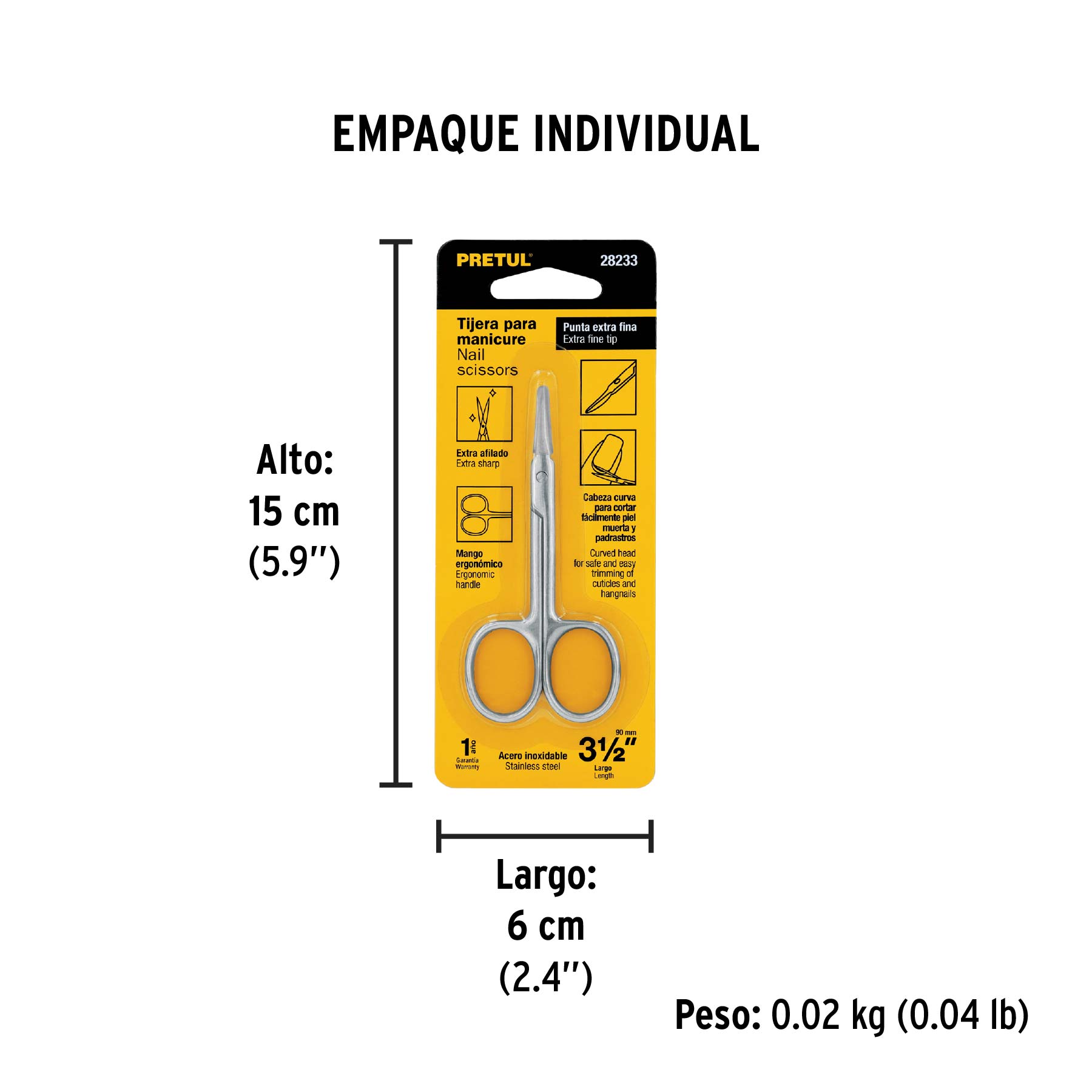 Tijera para manicure 3-1/2", punta extrafina, PRETUL - Empaque