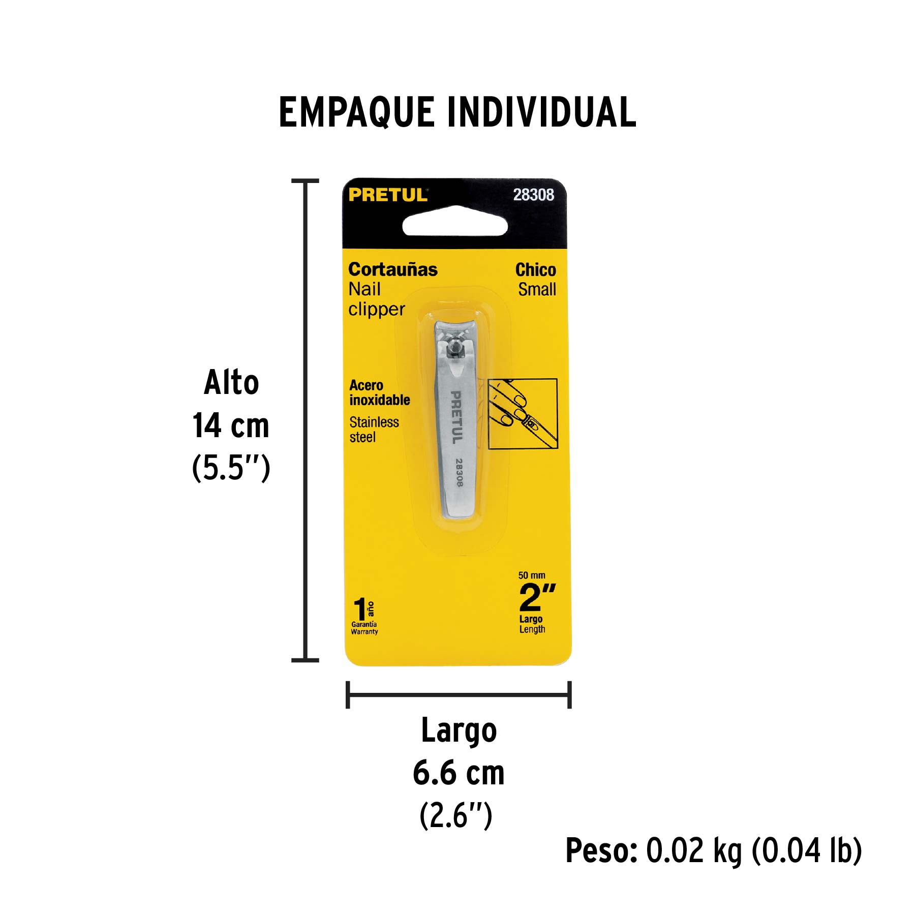 Cortaúñas 2" acero inoxidable, PRETUL - Empaque