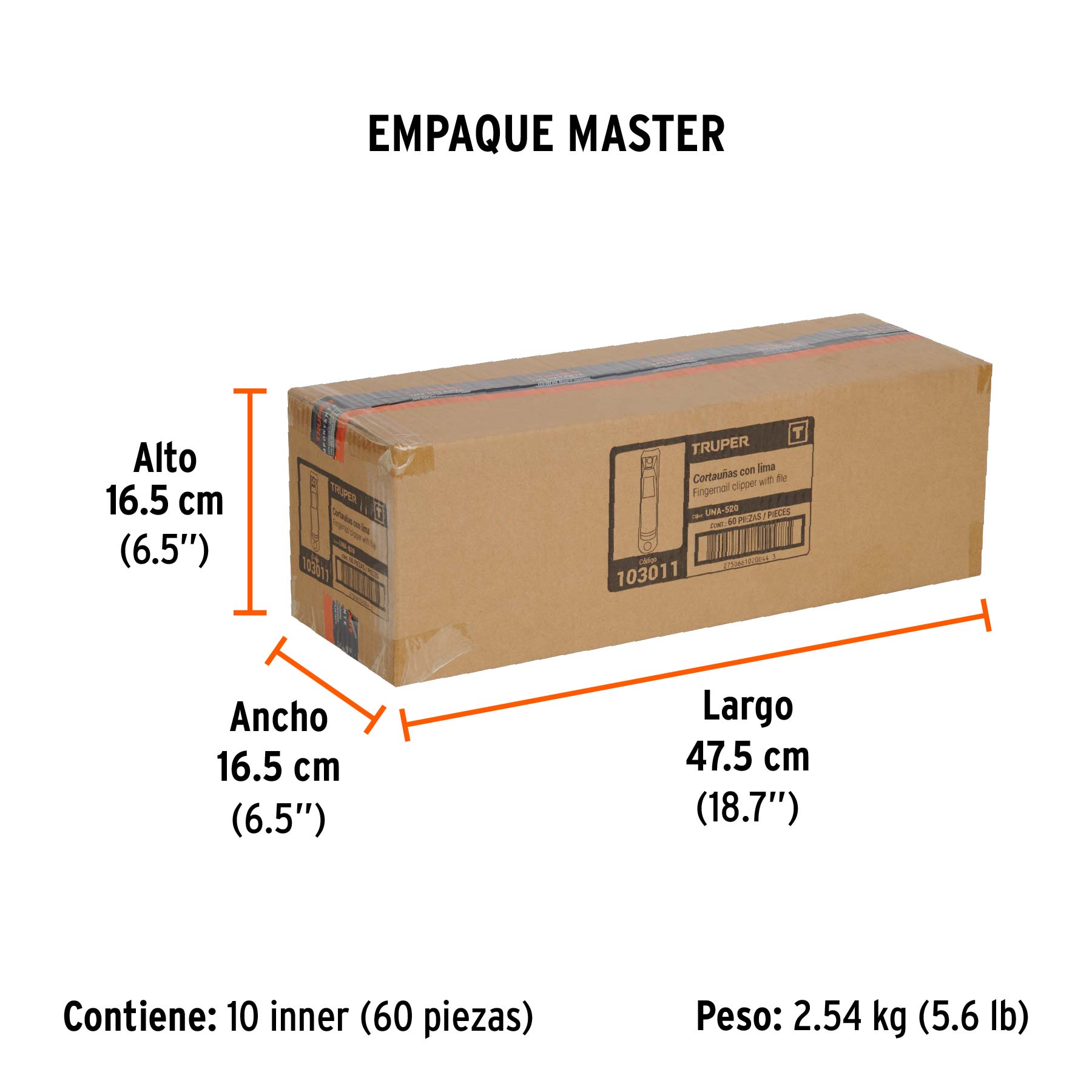 Cortaúñas 2 1/2" acero inoxidable, TRUPER - Empaque