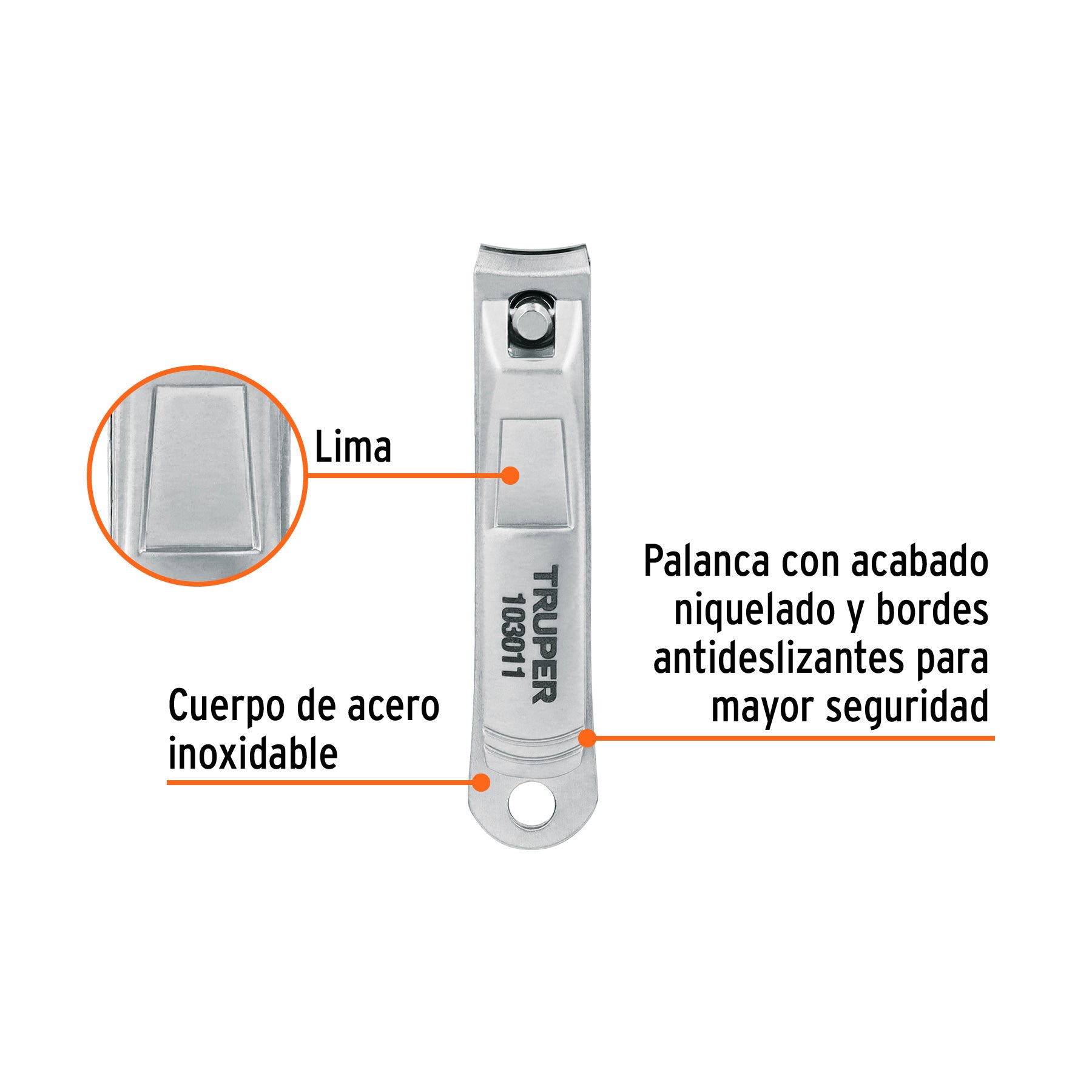 Cortaúñas 2 1/2" acero inoxidable, TRUPER
