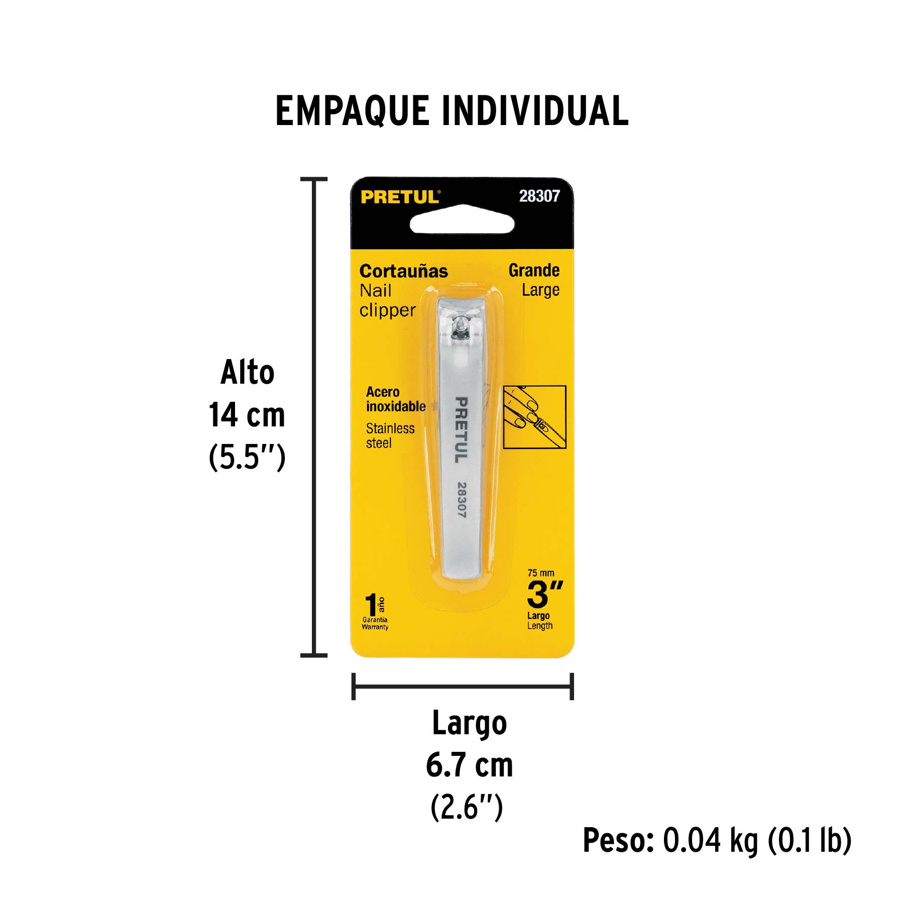 Cortaúñas 3" acero inoxidable, PRETUL - Empaque
