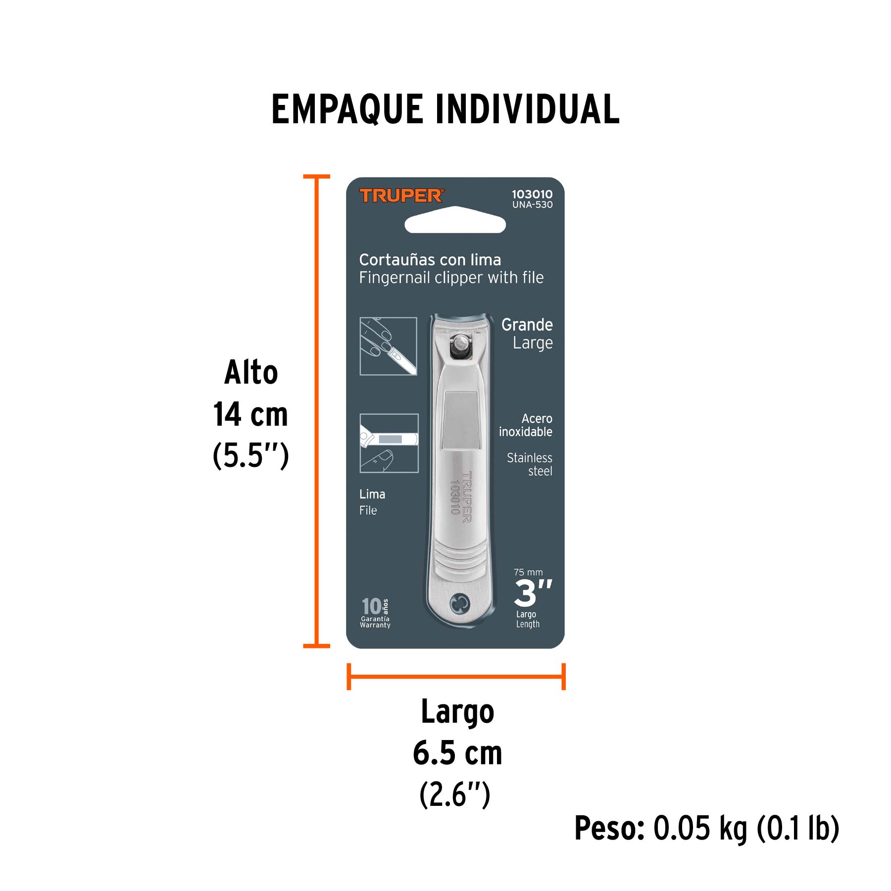Cortaúñas 3" acero inoxidable, TRUPER - Empaque