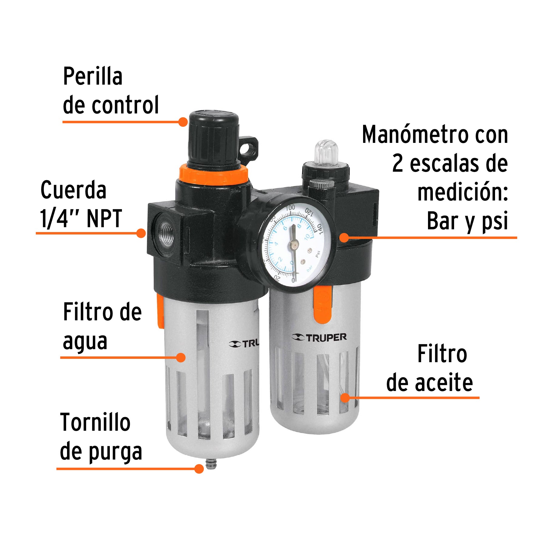 Filtro y regulador de aire con módulo de lubricación, TRUPER