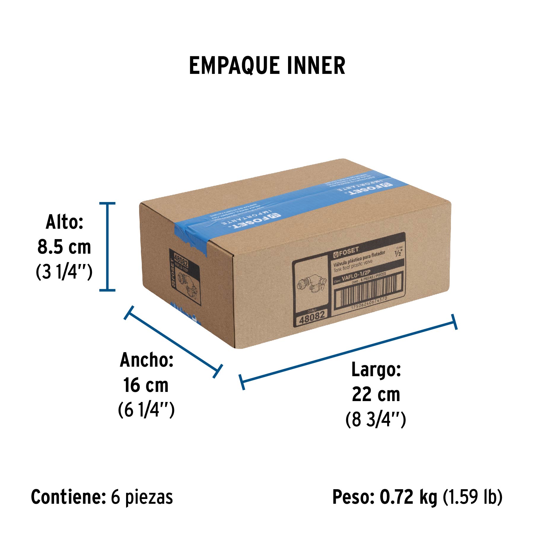 Válvula plástica de llenado para flotador, 1/2", FOSET - Empaque