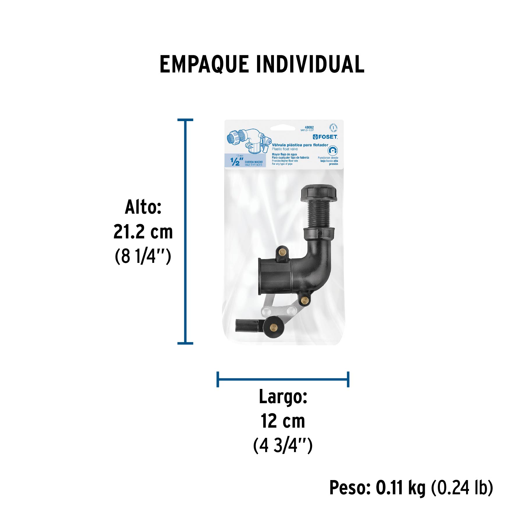 Válvula plástica de llenado para flotador, 1/2", FOSET - Empaque