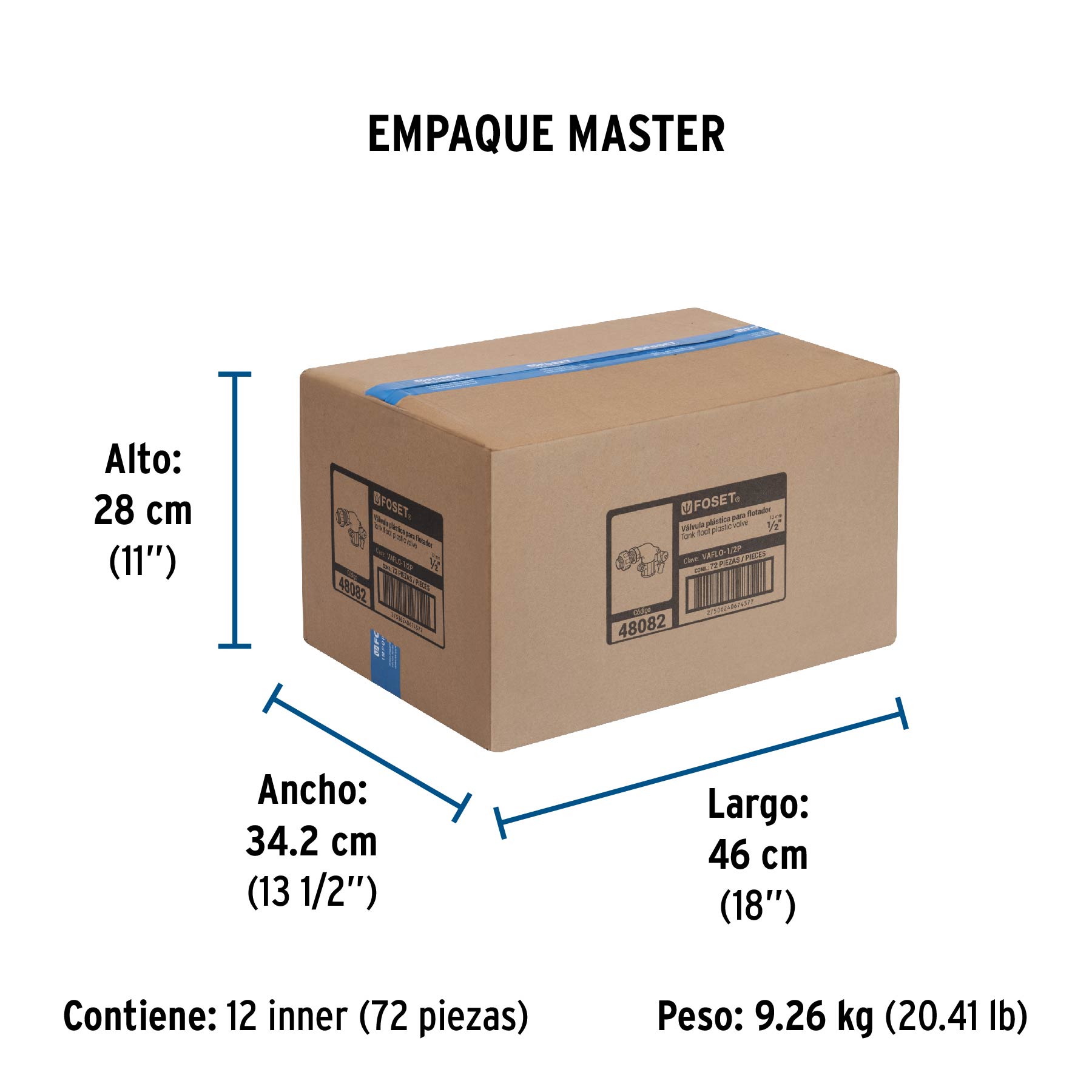 Válvula plástica de llenado para flotador, 1/2", FOSET - Empaque