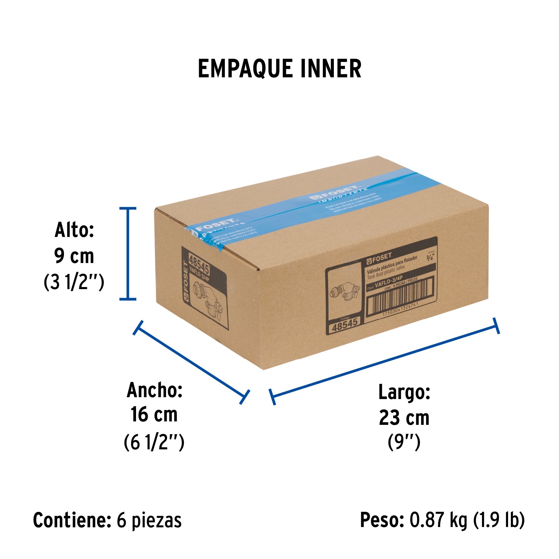 Válvula plástica de llenado para flotador, 3/4", FOSET - Empaque
