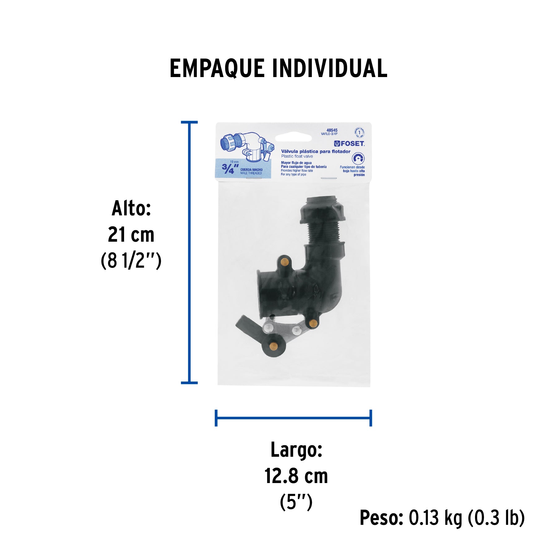 Válvula plástica de llenado para flotador, 3/4", FOSET - Empaque