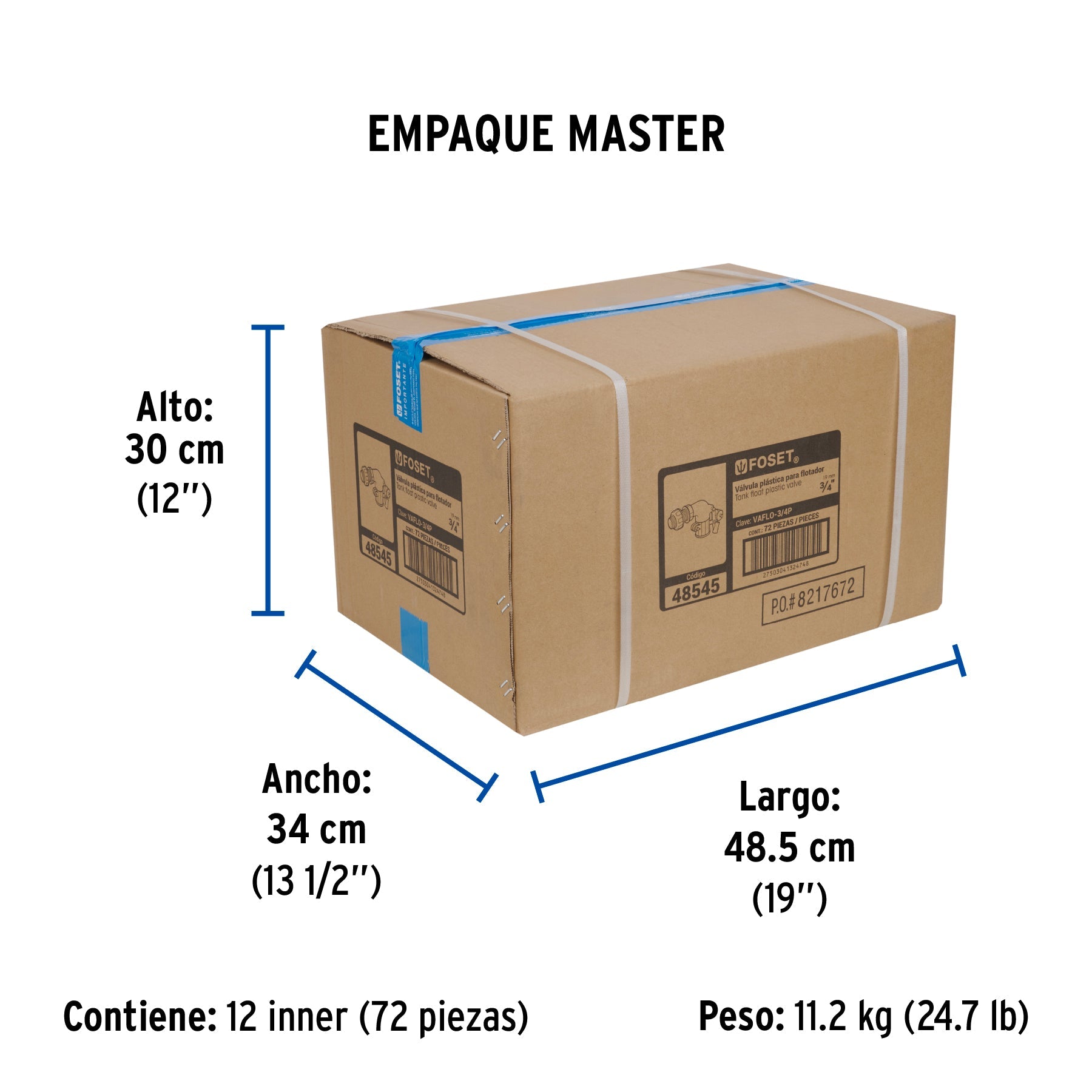 Válvula plástica de llenado para flotador, 3/4", FOSET - Empaque