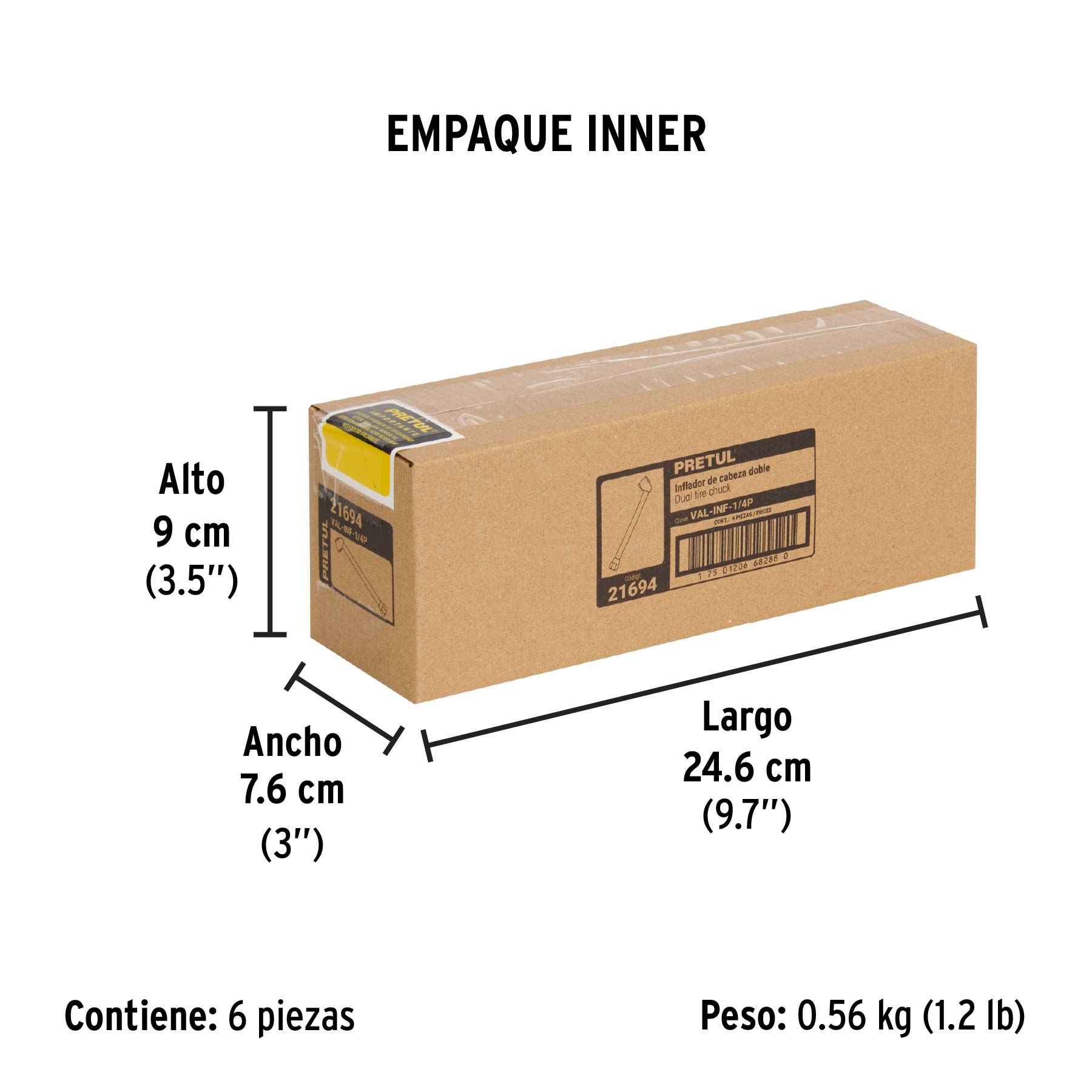 Inflador de cabeza doble, cuerda 1/4" NPT, PRETUL - Empaque