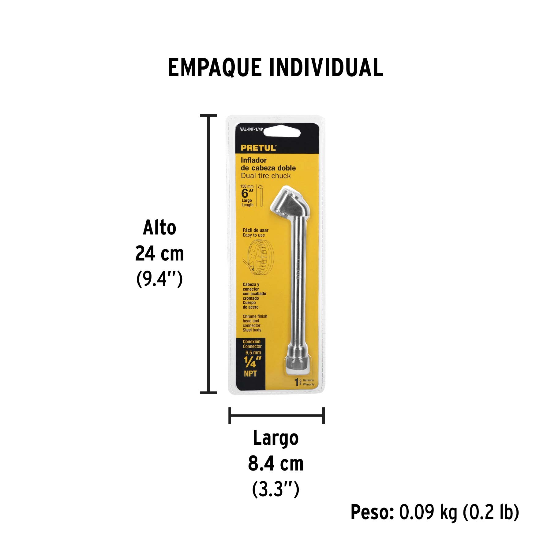 Inflador de cabeza doble, cuerda 1/4" NPT, PRETUL - Empaque