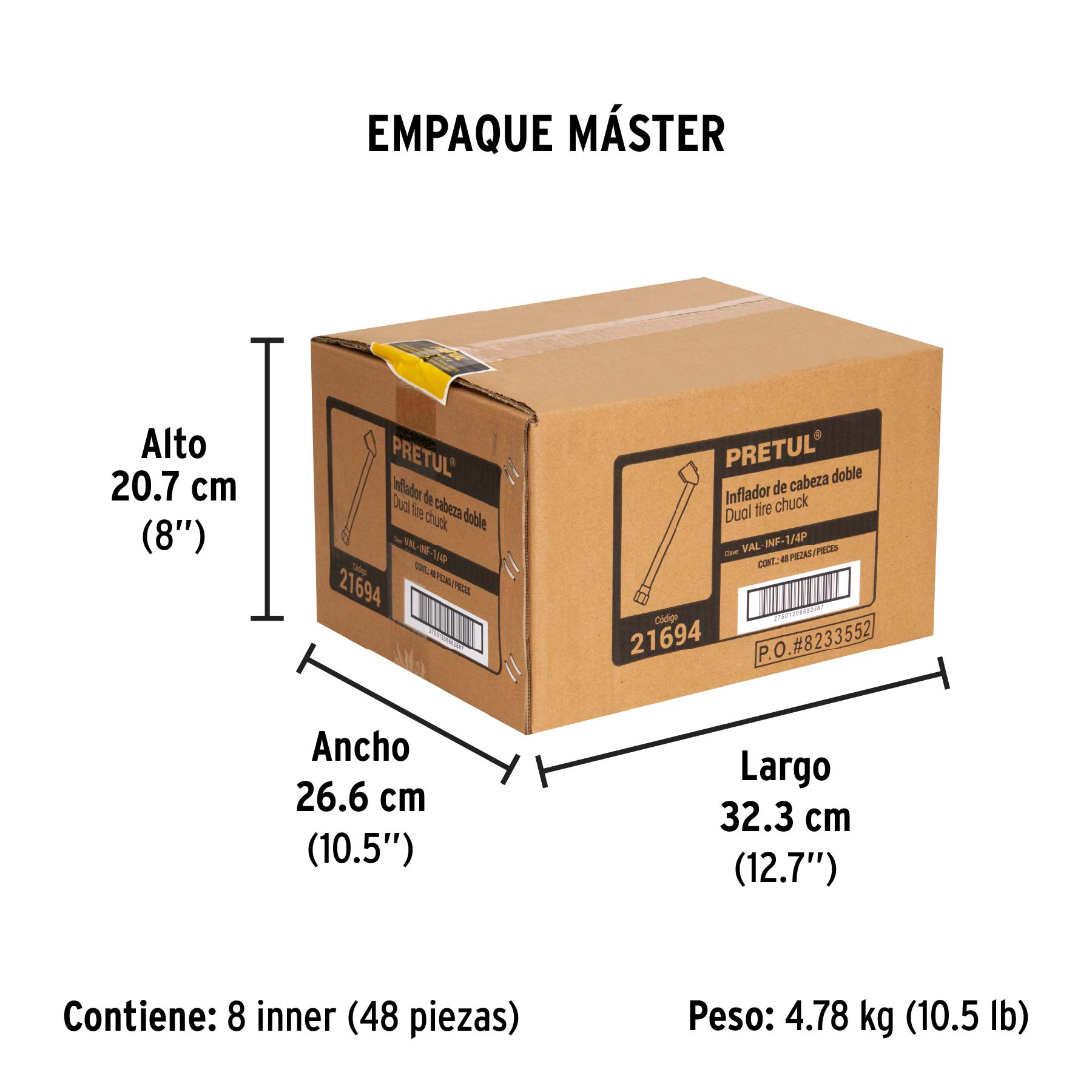 Inflador de cabeza doble, cuerda 1/4" NPT, PRETUL - Empaque