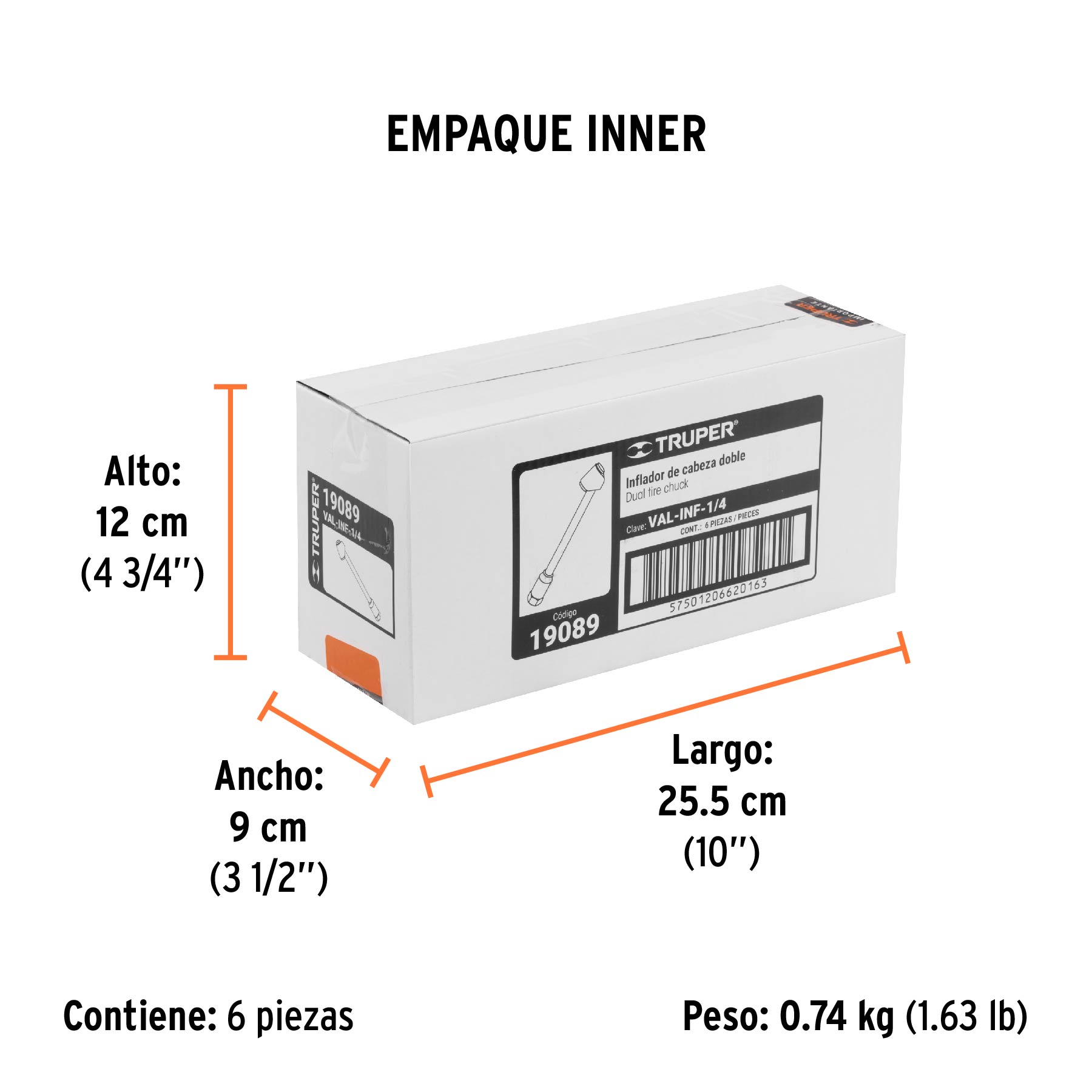 Inflador de cabeza doble, cuerda 1/4" NPT, TRUPER - Empaque