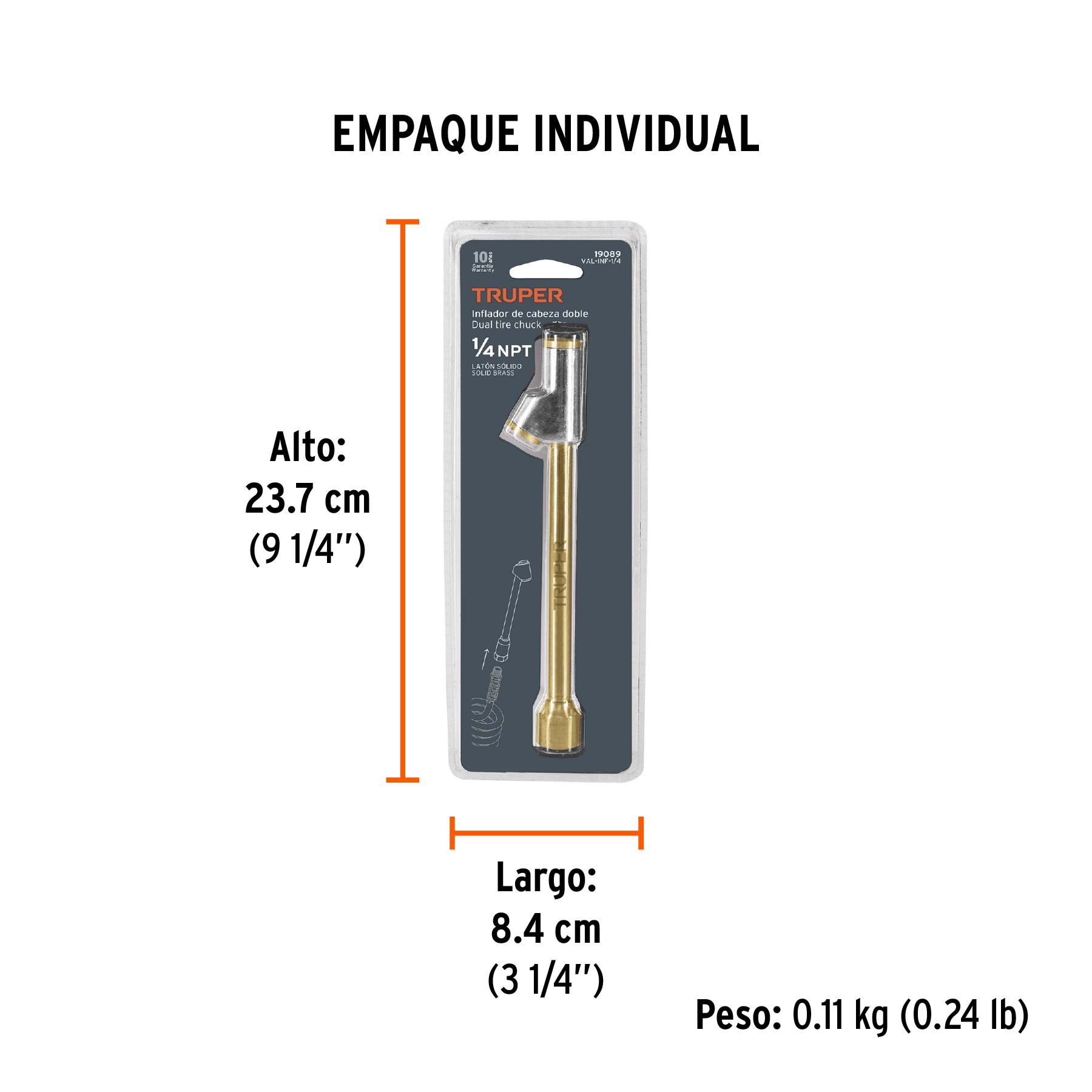 Inflador de cabeza doble, cuerda 1/4" NPT, TRUPER - Empaque