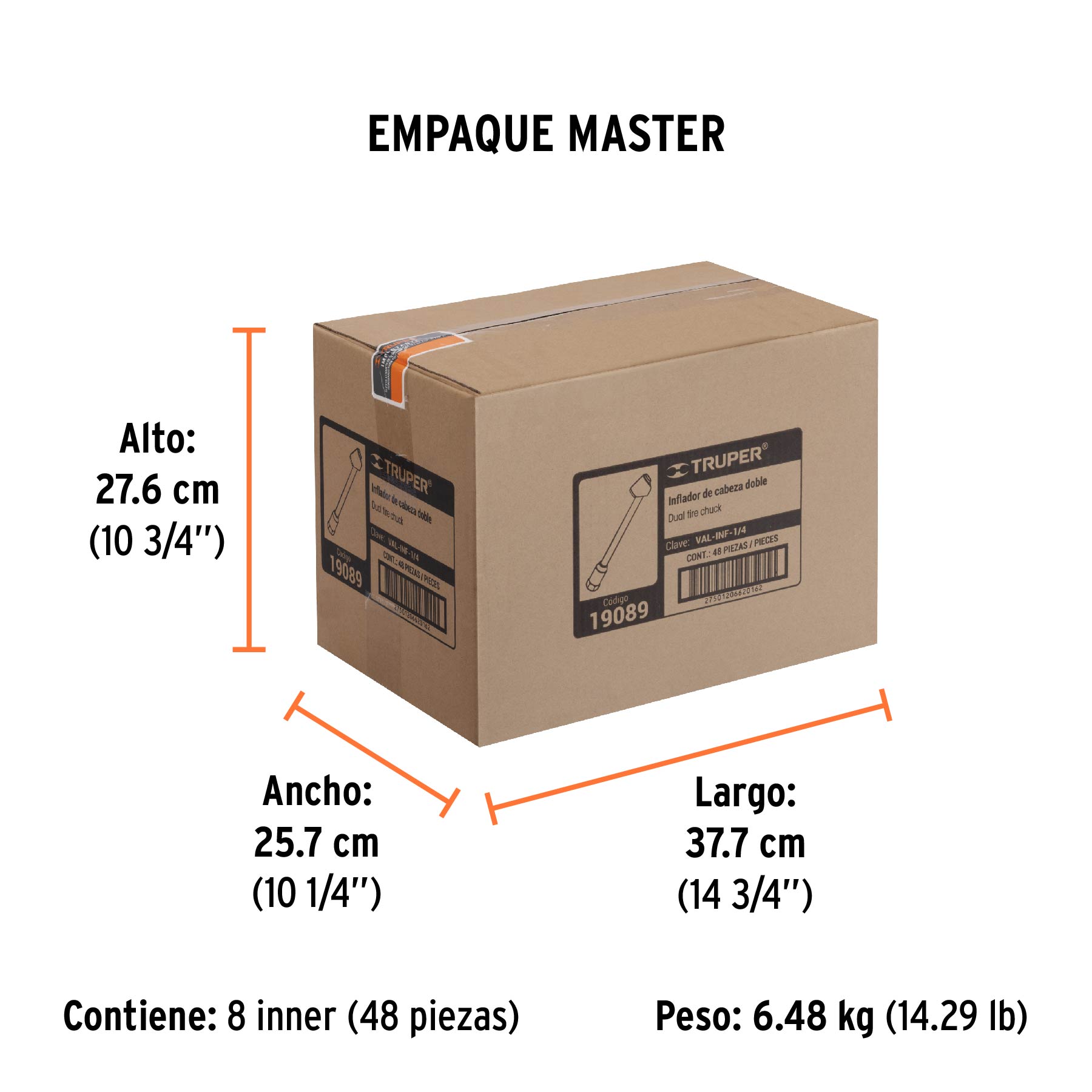 Inflador de cabeza doble, cuerda 1/4" NPT, TRUPER - Empaque