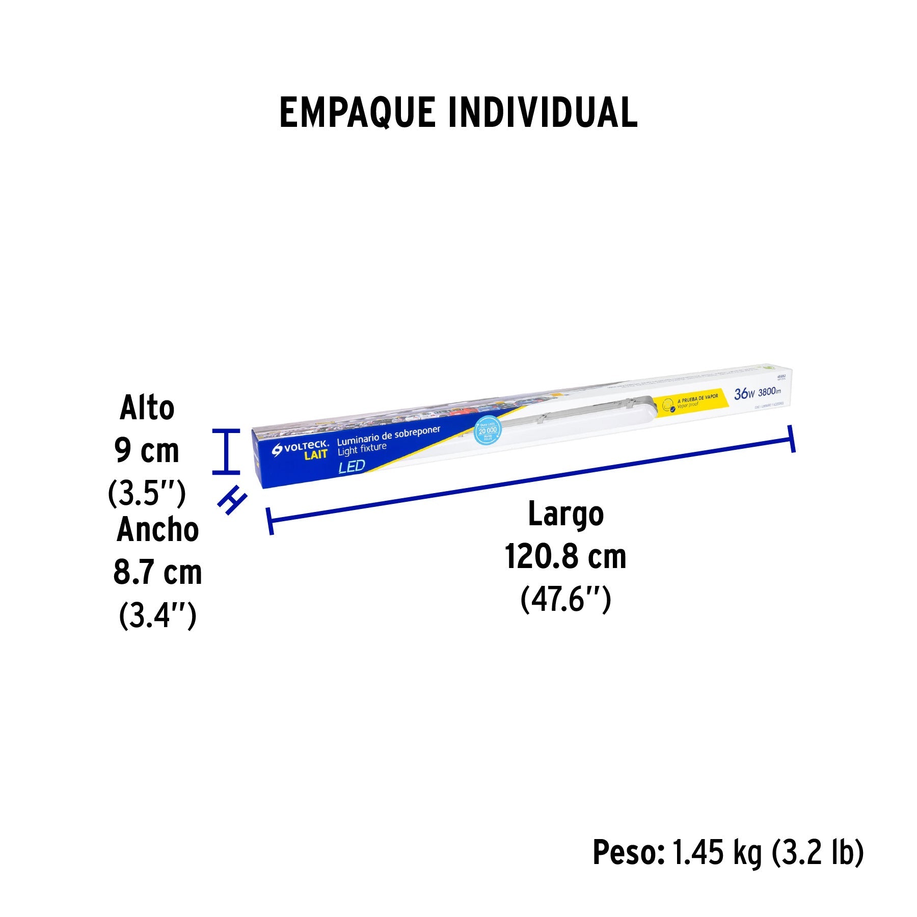 Luminario lineal LED 36W, 6500K, a prueba de vapor - Empaque