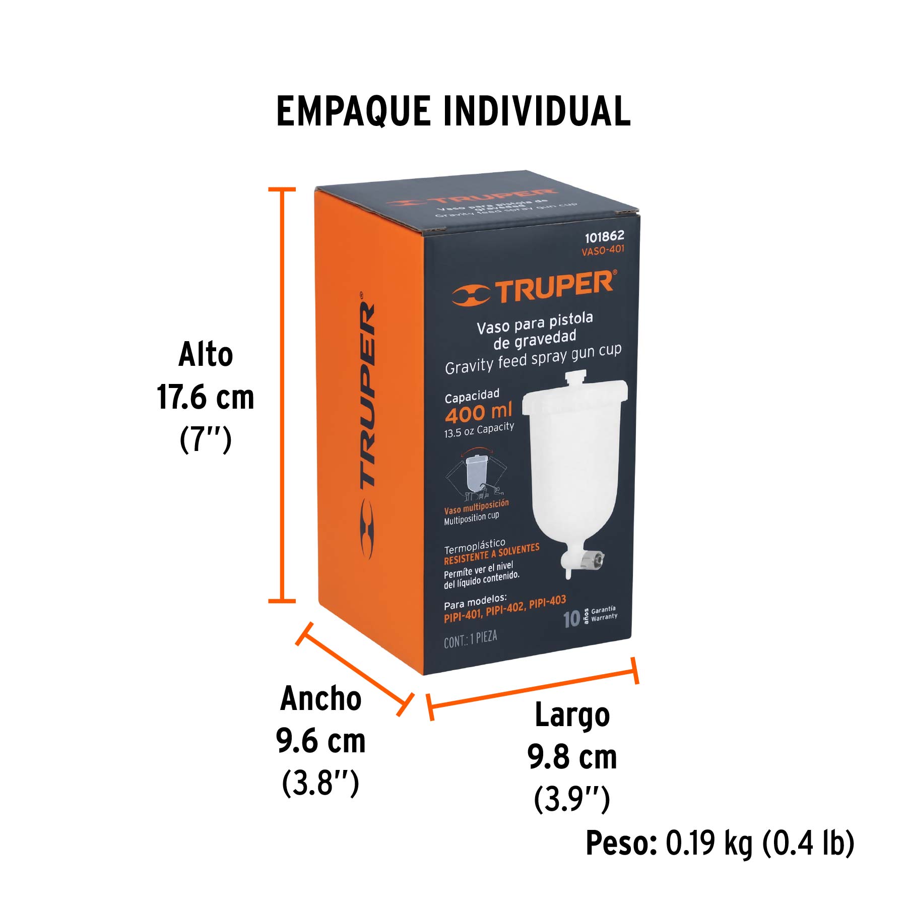 Vaso plástico de repuesto para PIPI-401/402/403, TRUPER - Empaque