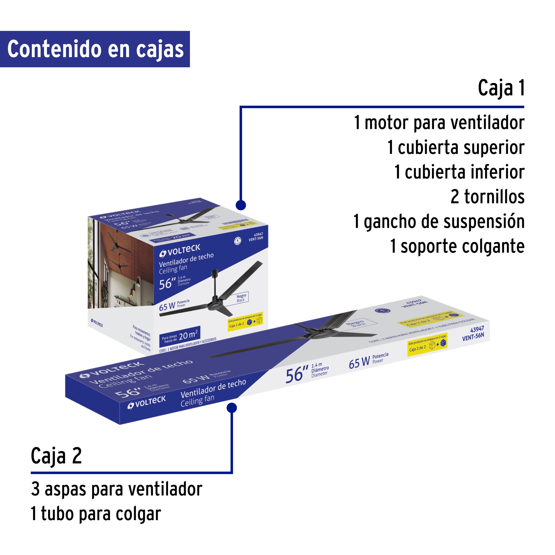 Ventilador de techo para interior 56", negro, VOLTECK