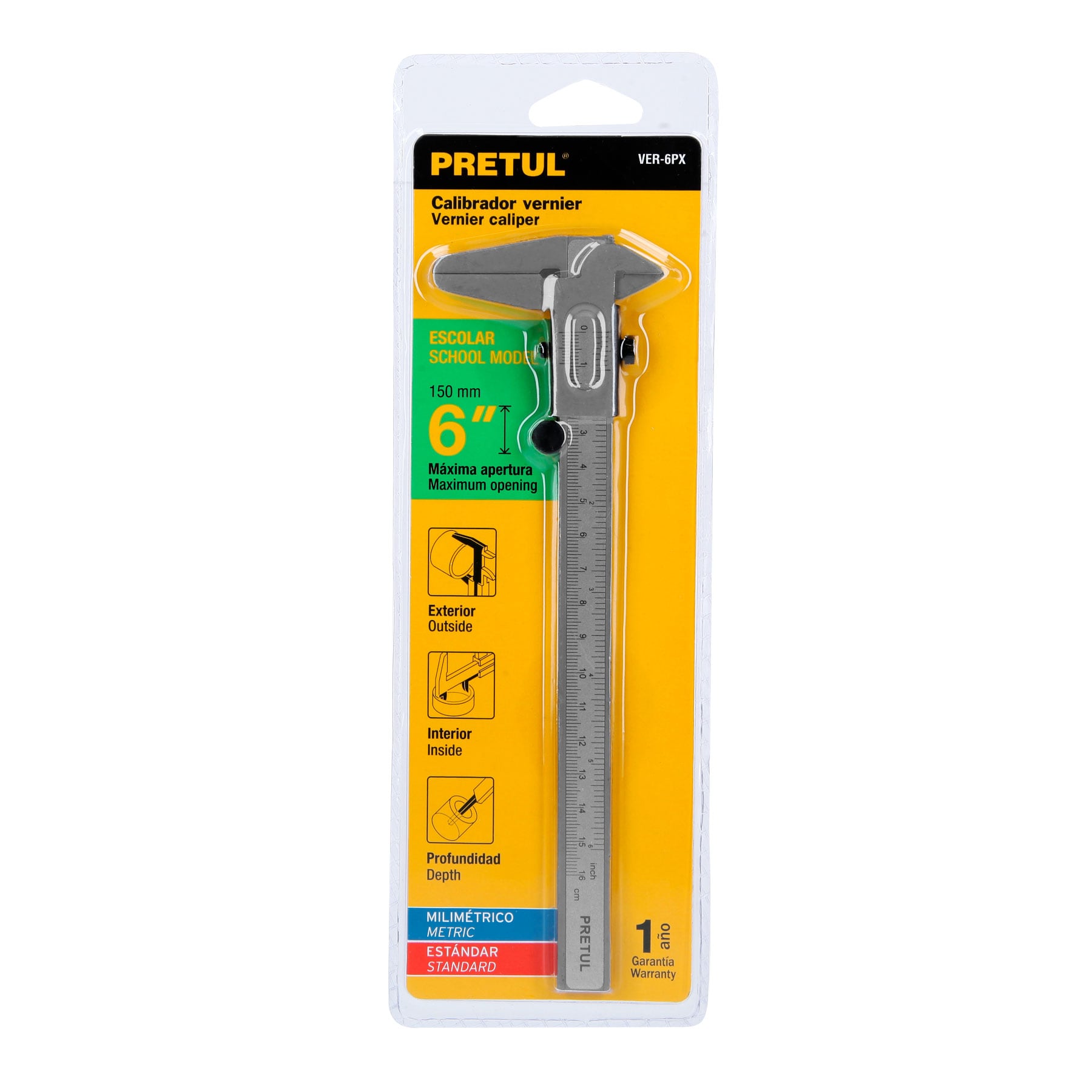 Calibrador vernier escolar 6", acero, std y mm, PRETUL
