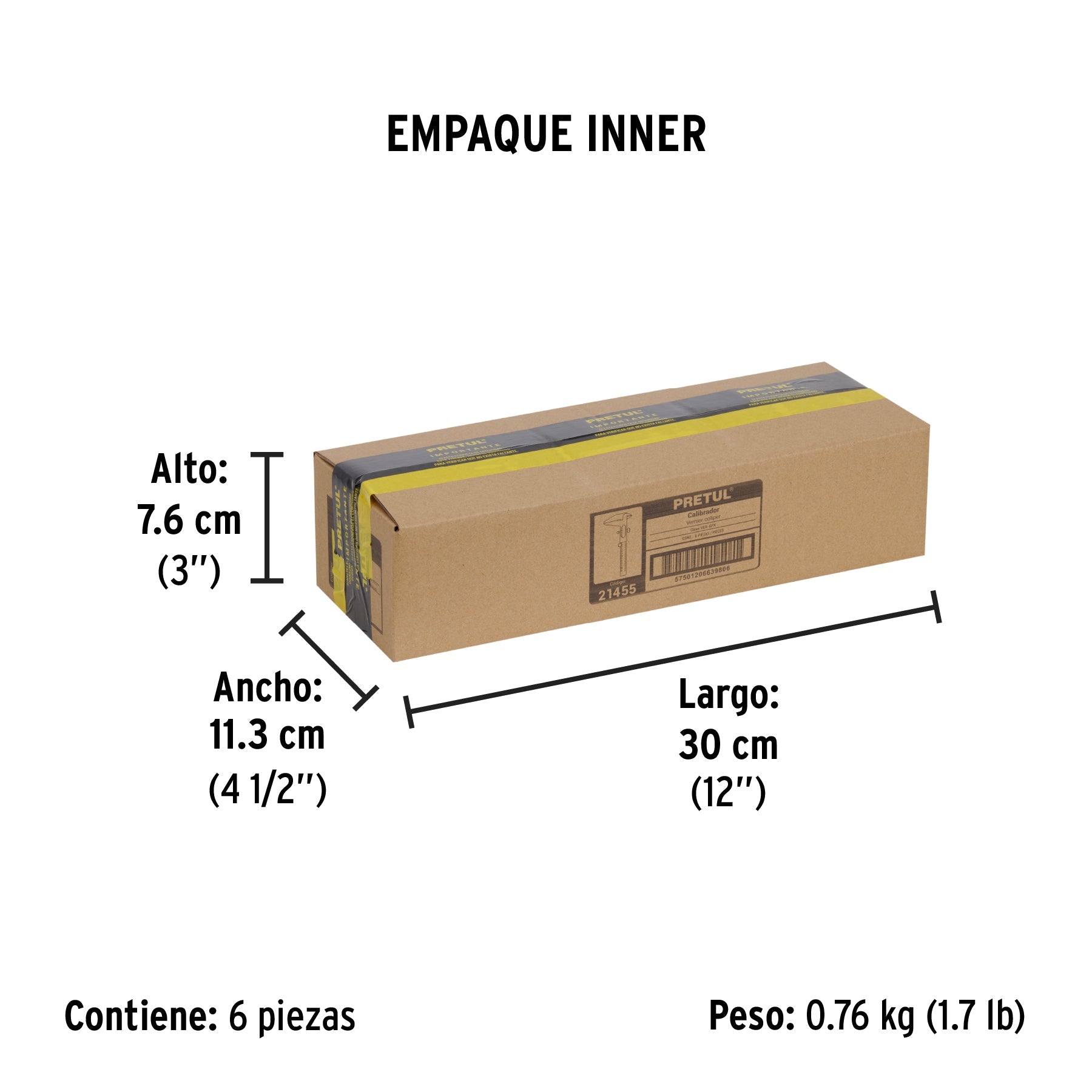 Calibrador vernier escolar 6", acero, std y mm, PRETUL - Empaque