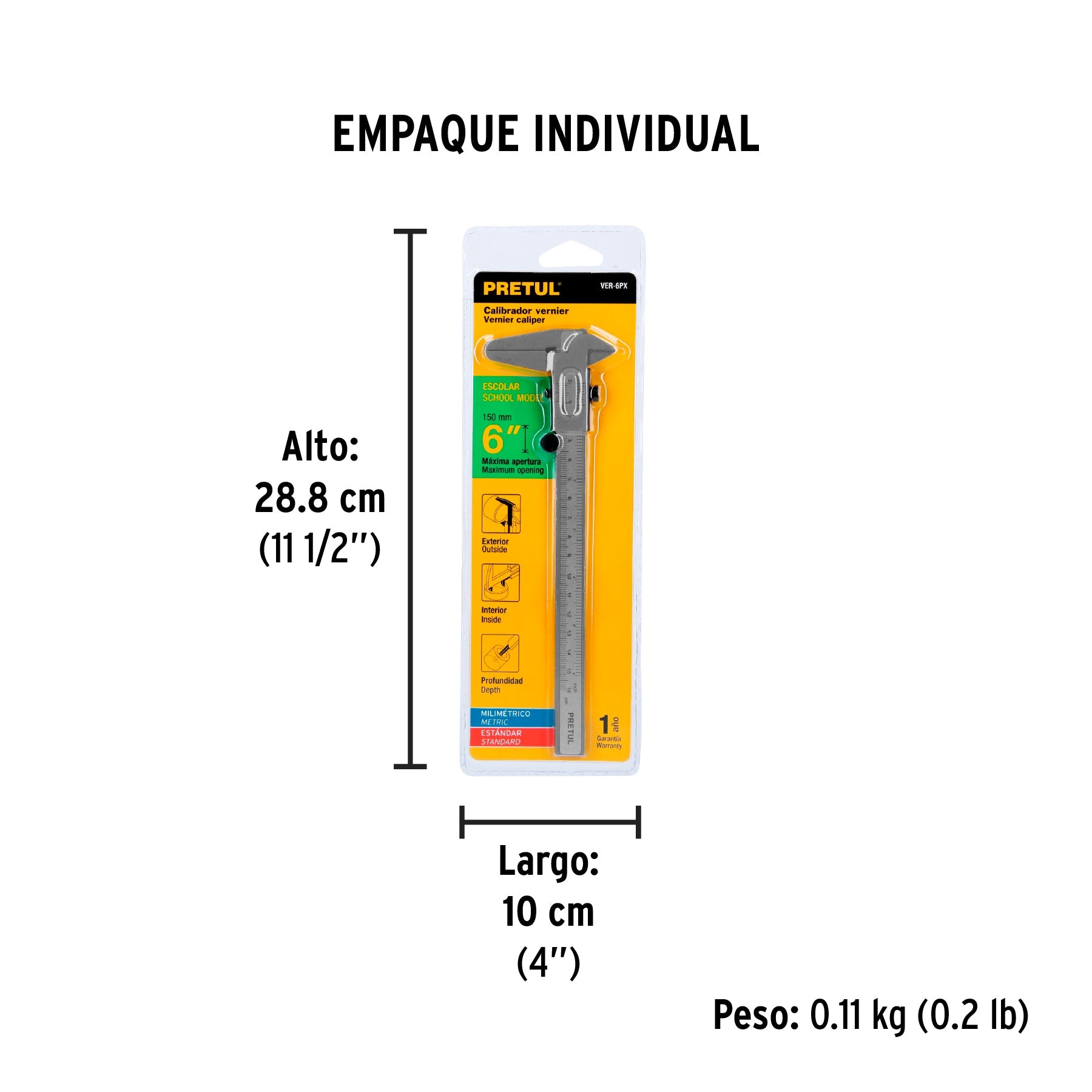 Calibrador vernier escolar 6", acero, std y mm, PRETUL - Empaque