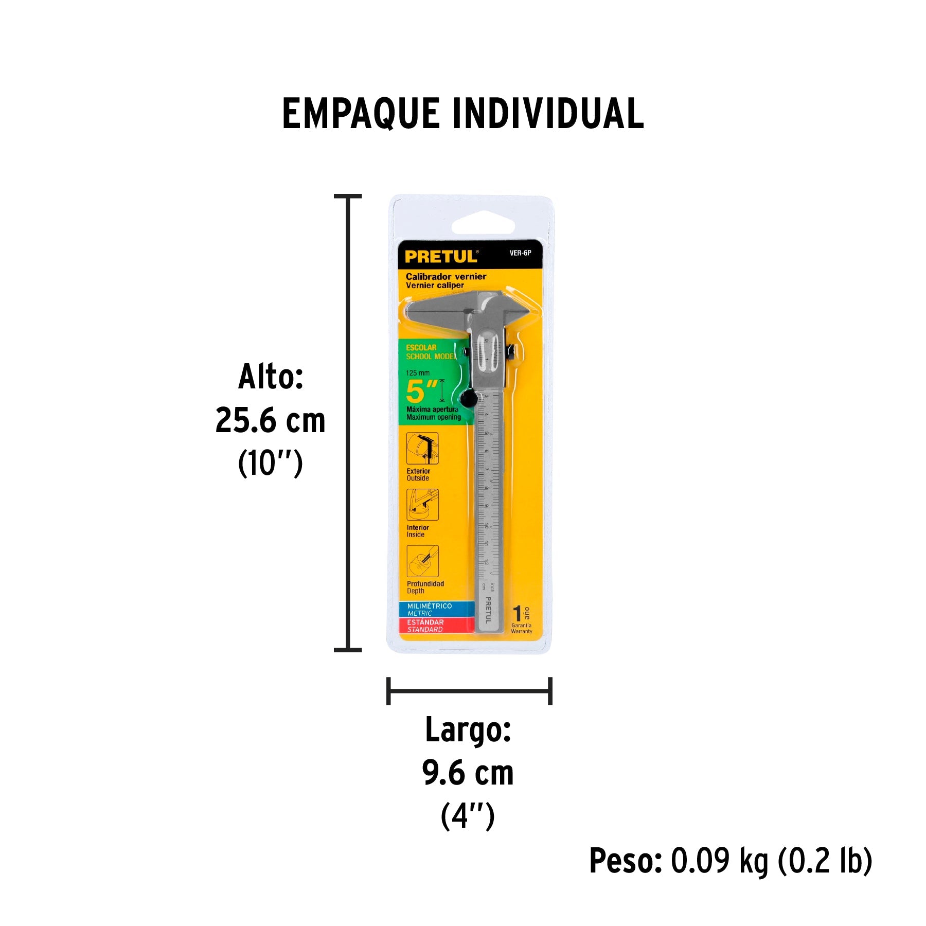 Calibrador vernier escolar 5", acero, std y mm, PRETUL - Empaque