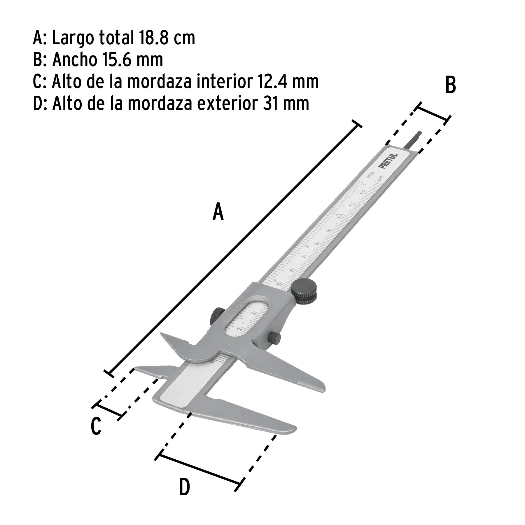 Calibrador vernier escolar 5", acero, std y mm, PRETUL
