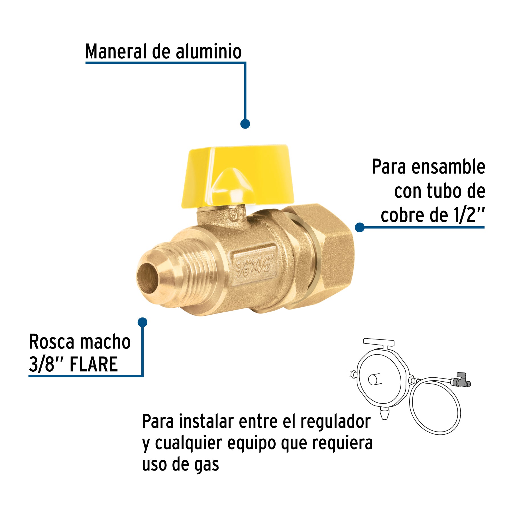 Válvula de control latón para gas 3/8"x1/2" tipo barrilito