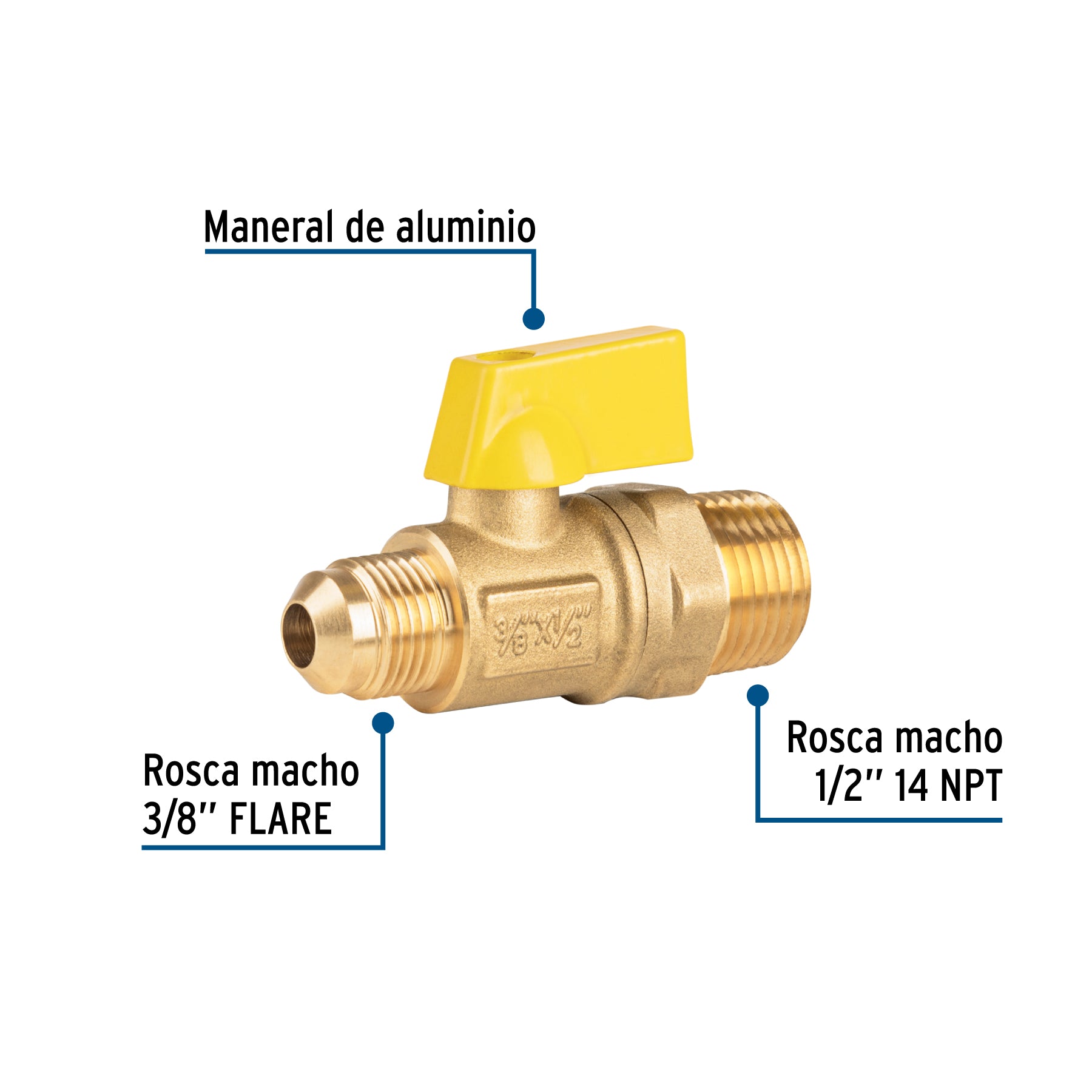 Válvula de control de latón p/gas,3/8x1/2"Flare/macho, FOSET
