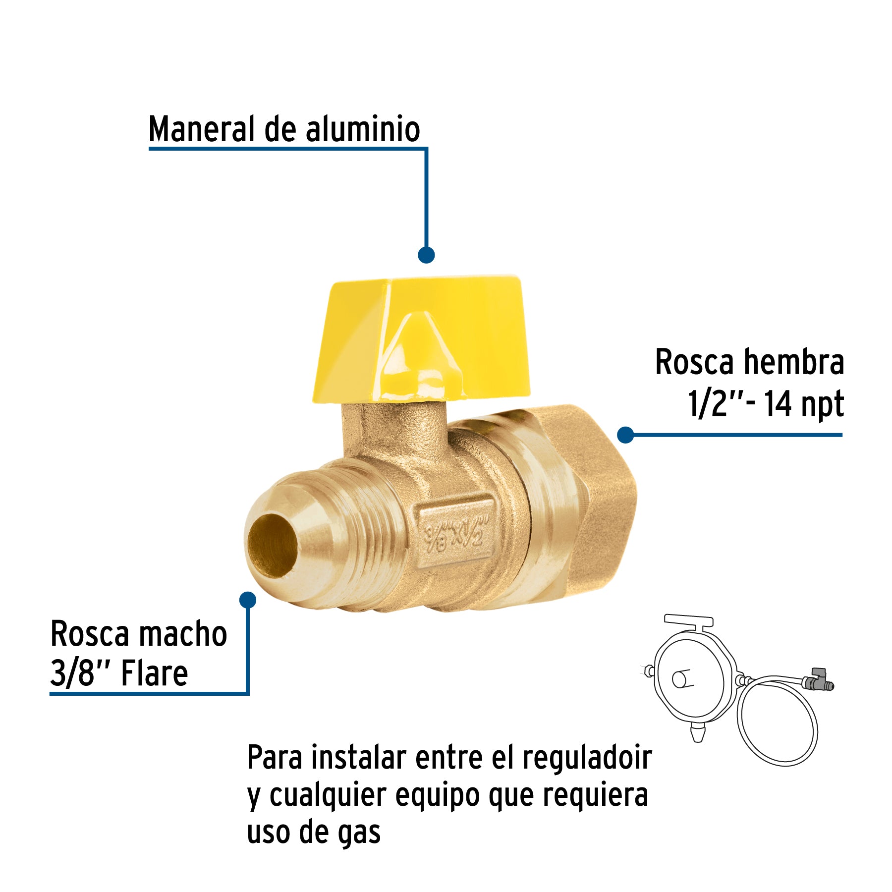 Válvula de control de latón para gas, 5/16" x 1/2", FOSET