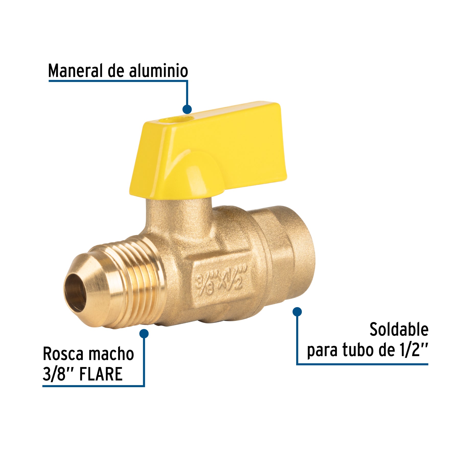 Válvula de control de latón p/gas,3/8x1/2" Flare/sold. FOSET