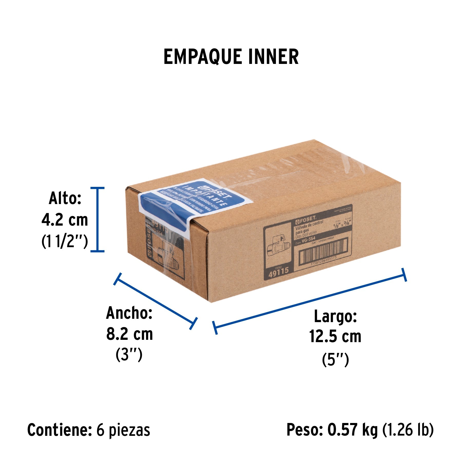 Válvula de control de latón para gas, 3/8" x 1/2", FOSET - Empaque
