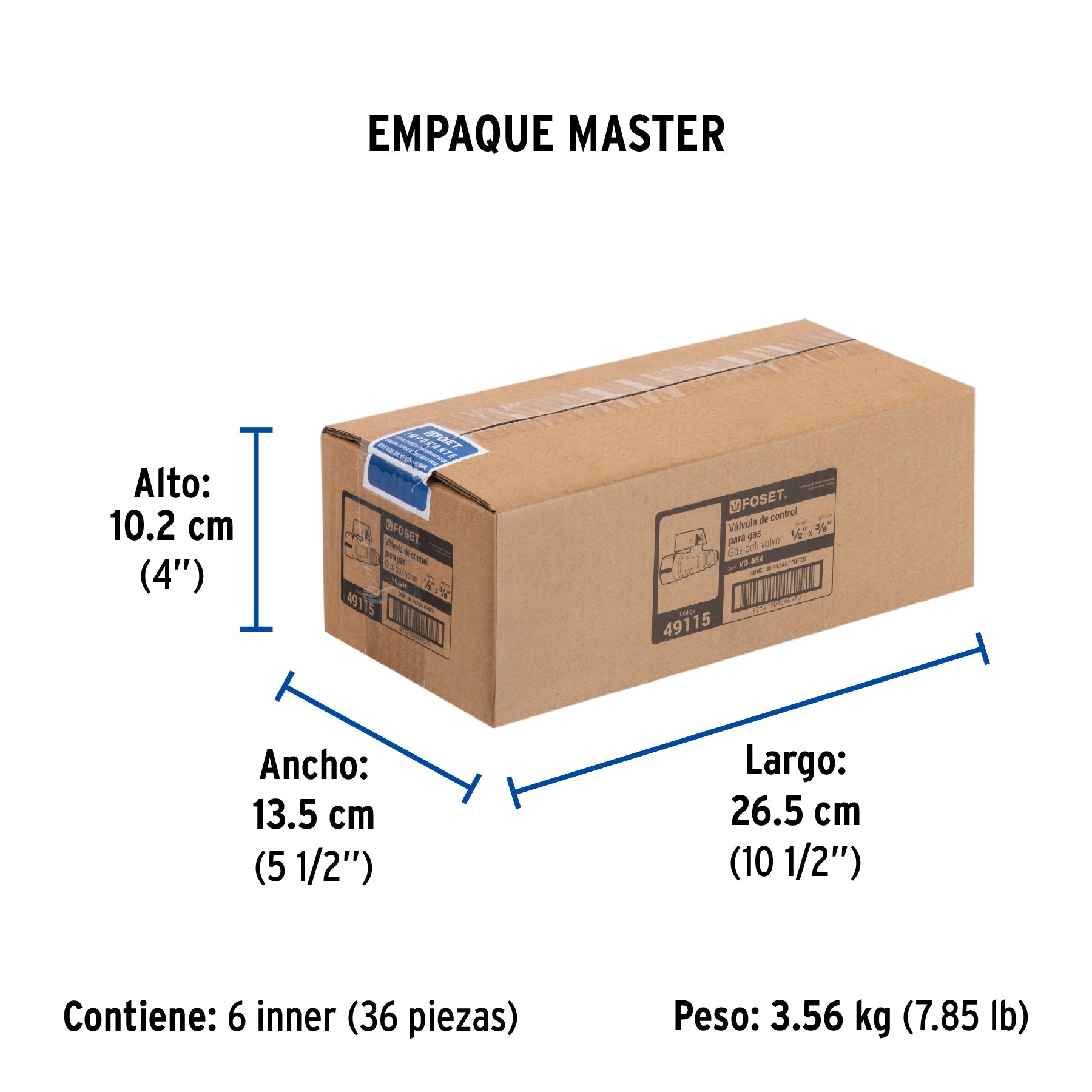 Válvula de control de latón para gas, 3/8" x 1/2", FOSET - Empaque