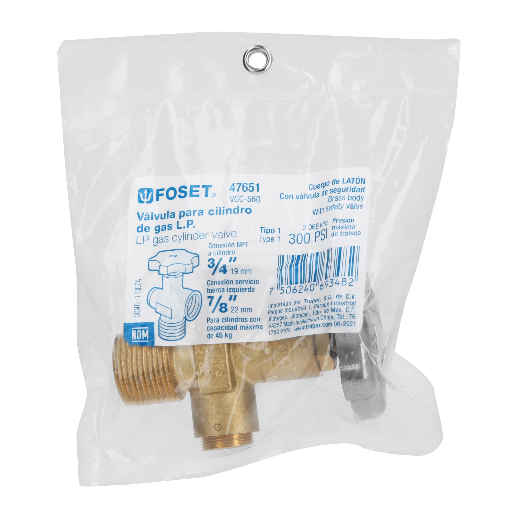 Válvula para cilindros de gas LP hasta 45 kg, FOSET